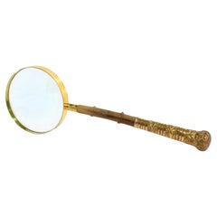 Magnifying Glass Antique Horn Handle Gold Plated Embossed Brass 19th century