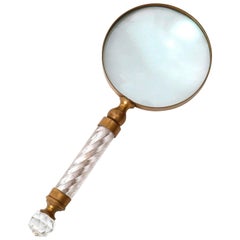 Antique Magnifying Glass Magnifier, Brass Crystal Glass, circa 1900