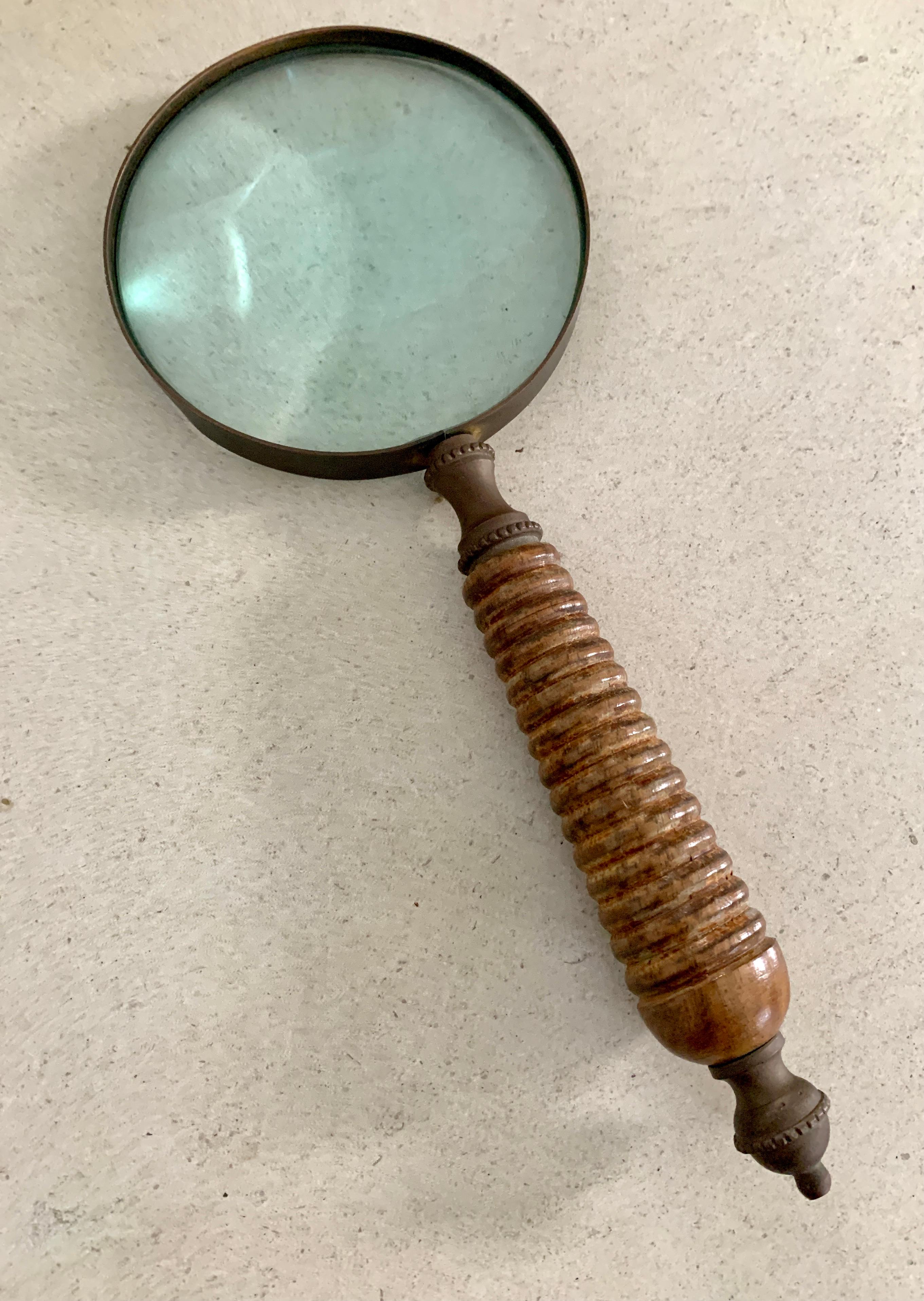 English Magnifying Glass with Carved Burl Wood and Brass Finial Handle