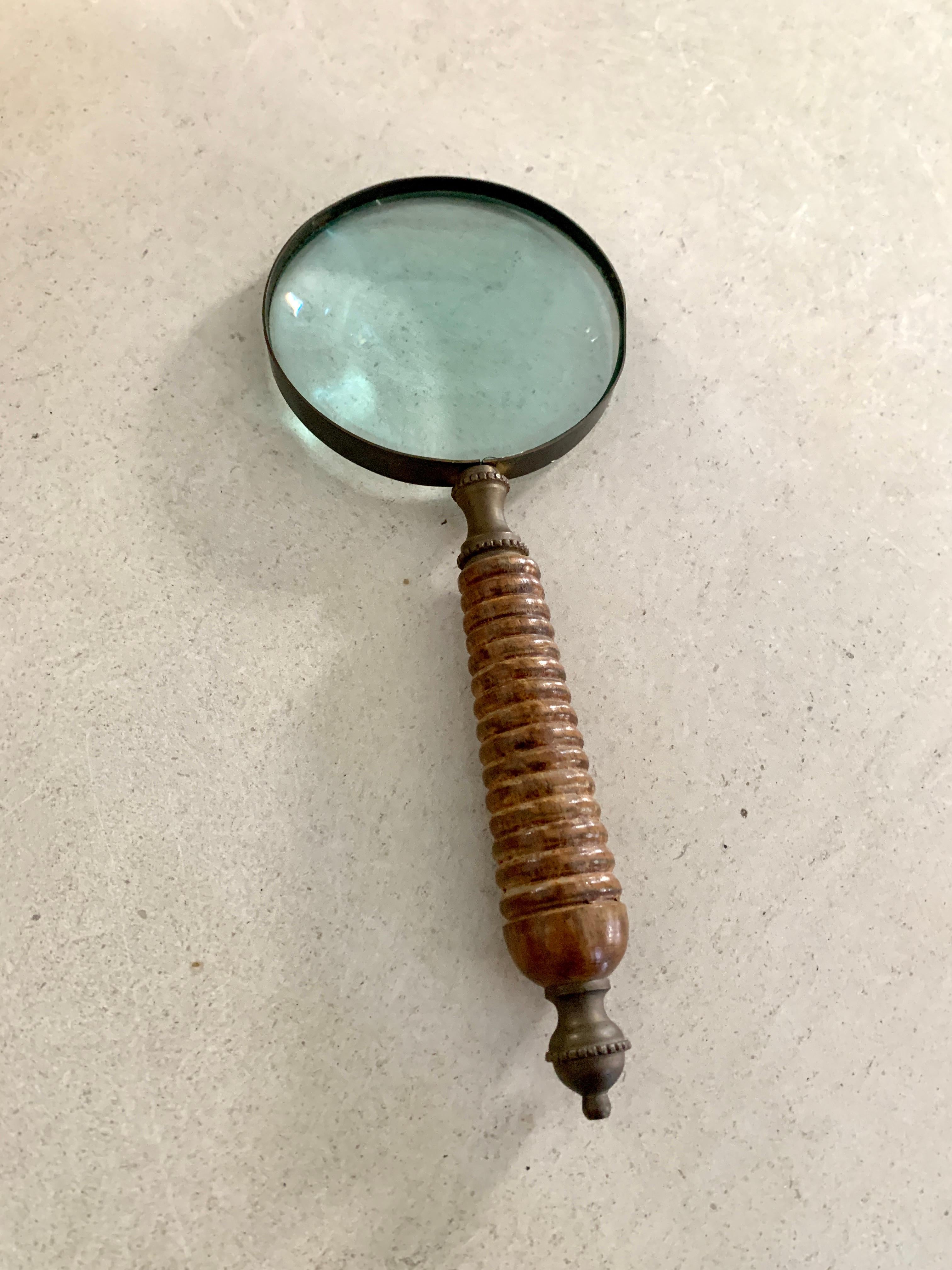 20th Century Magnifying Glass with Carved Burl Wood and Brass Finial Handle