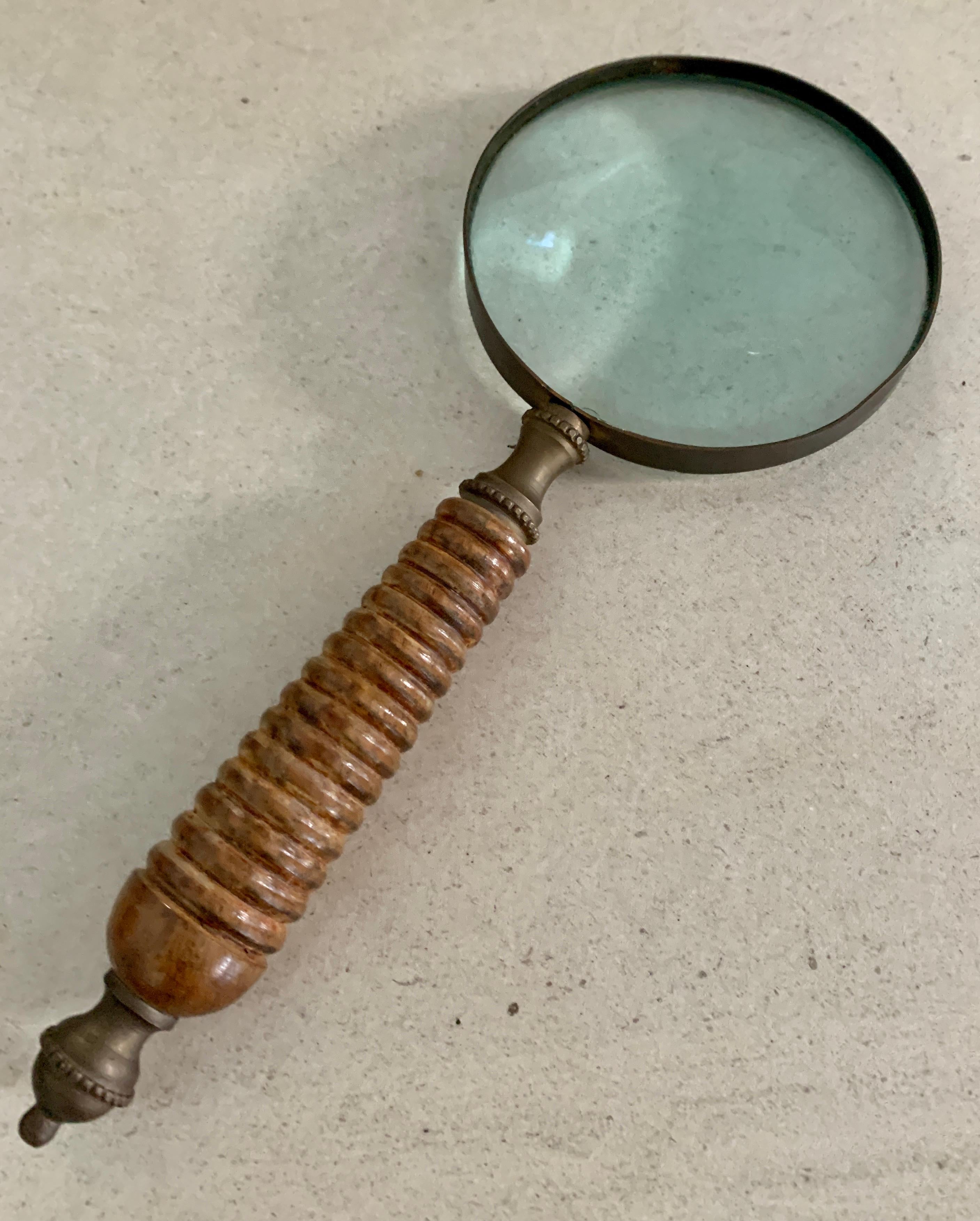 Magnifying Glass with Carved Burl Wood and Brass Finial Handle 1