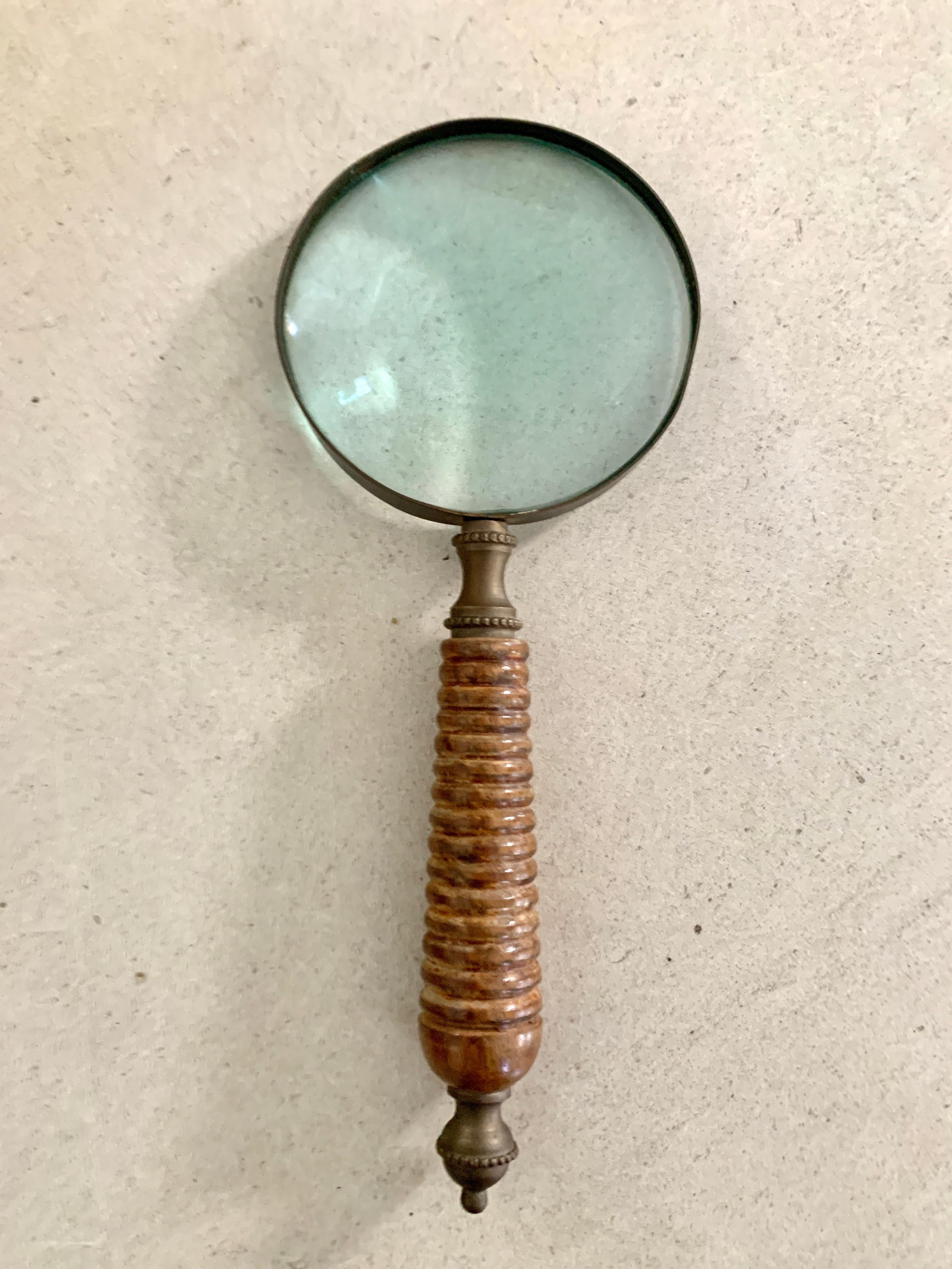 Magnifying Glass with Carved Burl Wood and Brass Finial Handle 2