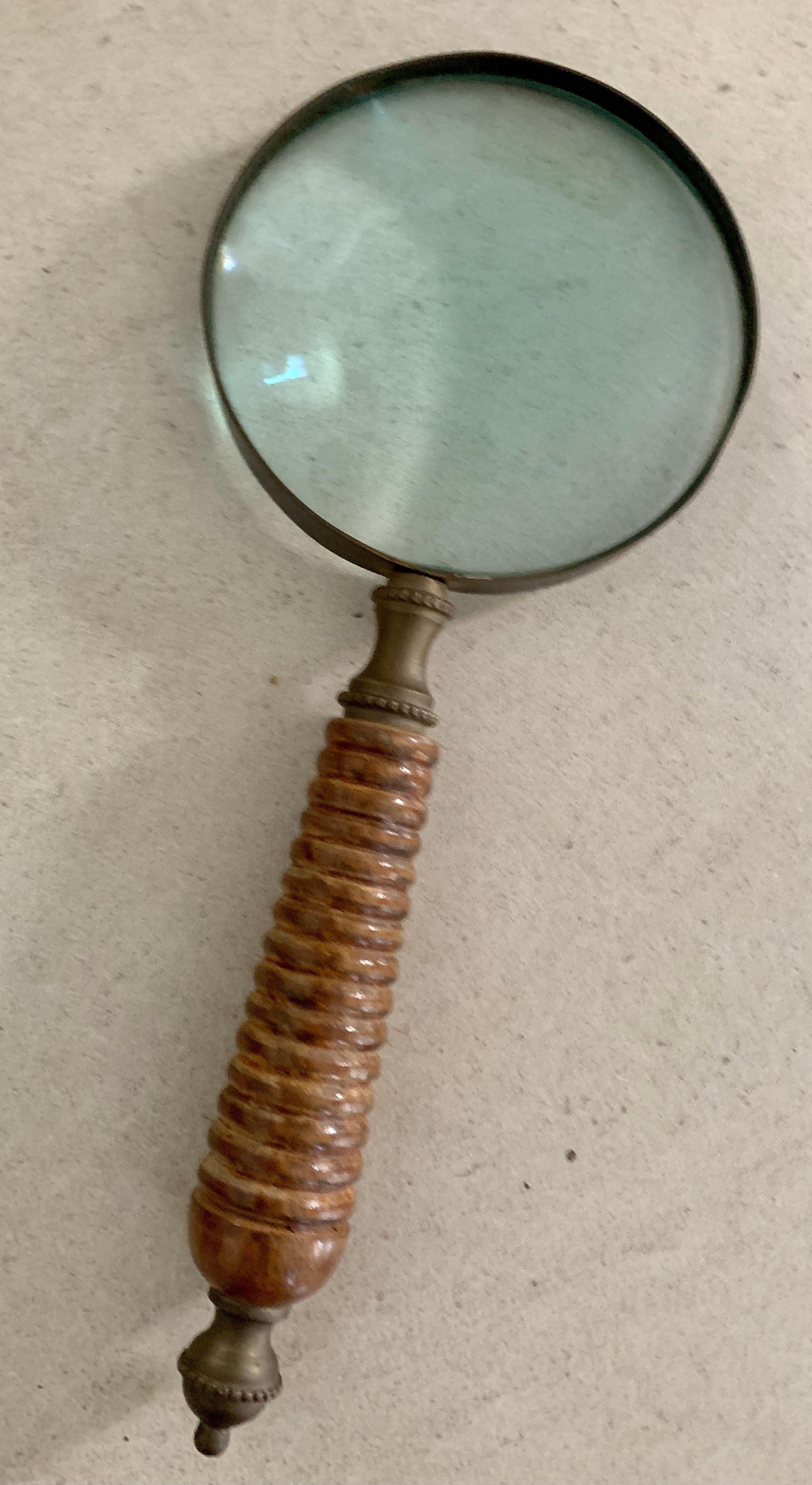 Magnifying Glass with Carved Burl Wood and Brass Finial Handle 3