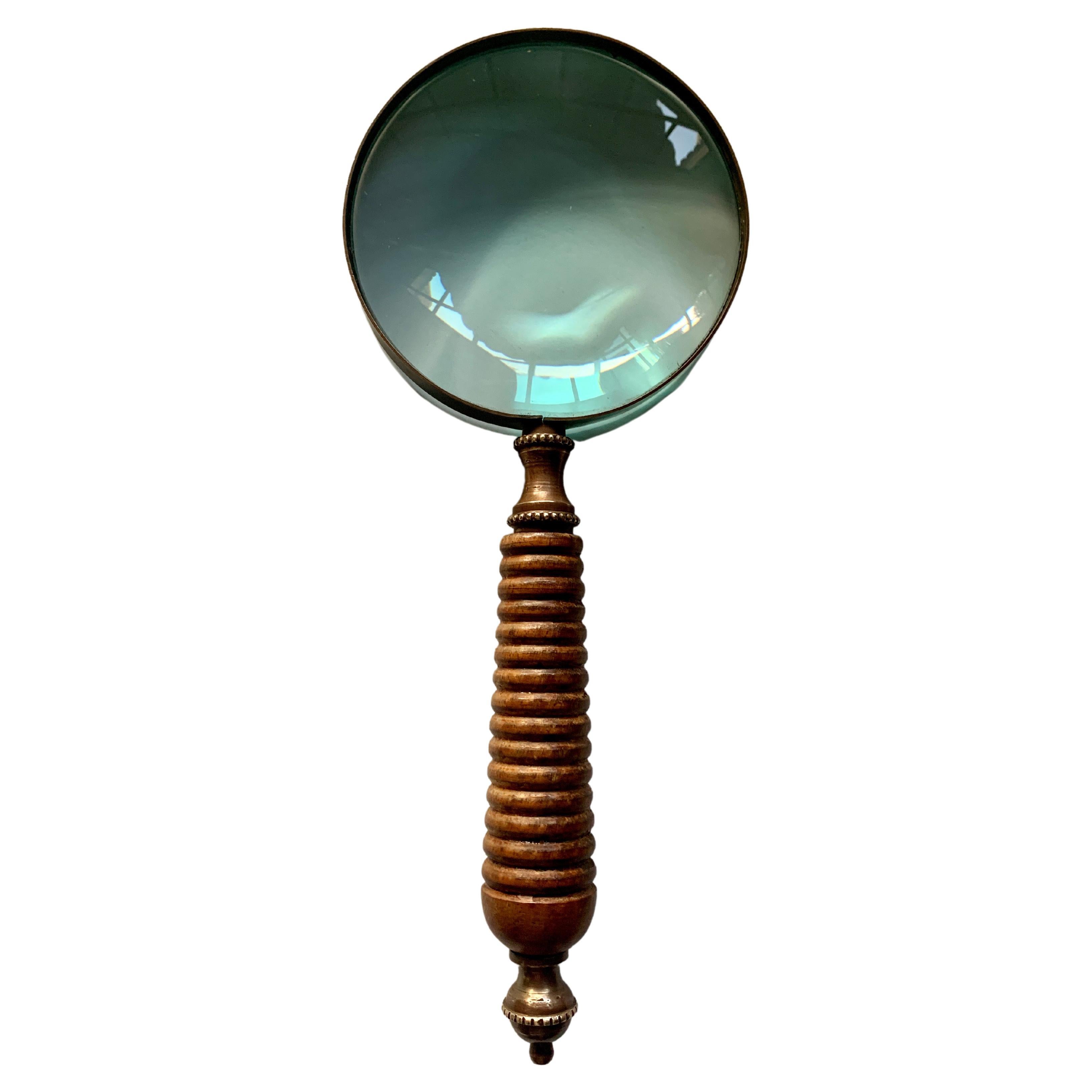 Magnifying Glass with Carved Burl Wood and Brass Finial Handle