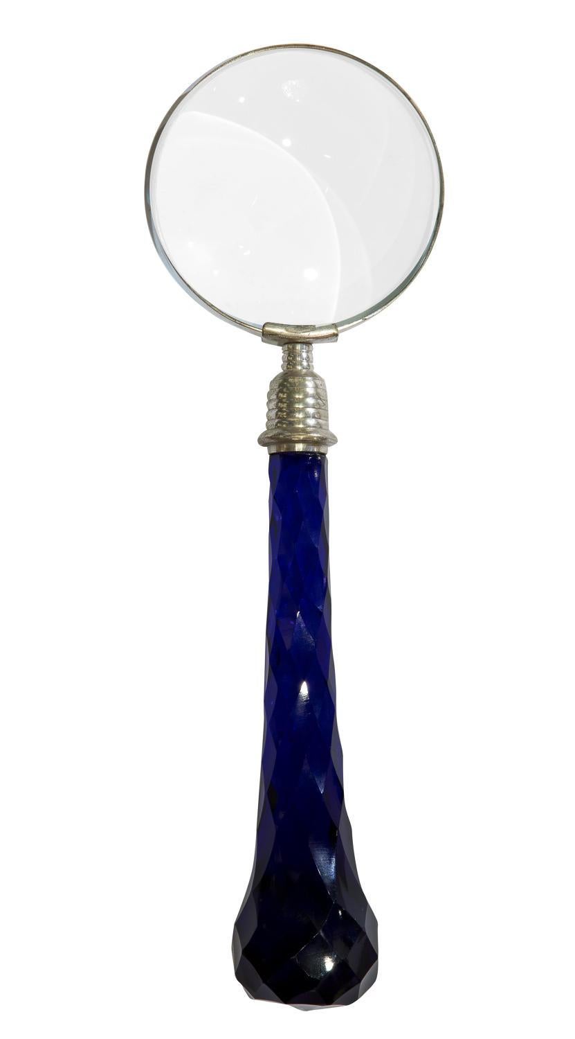 Magnifying Glass with Faceted Bristol Blue Glass Handle In Good Condition In Salisbury, GB
