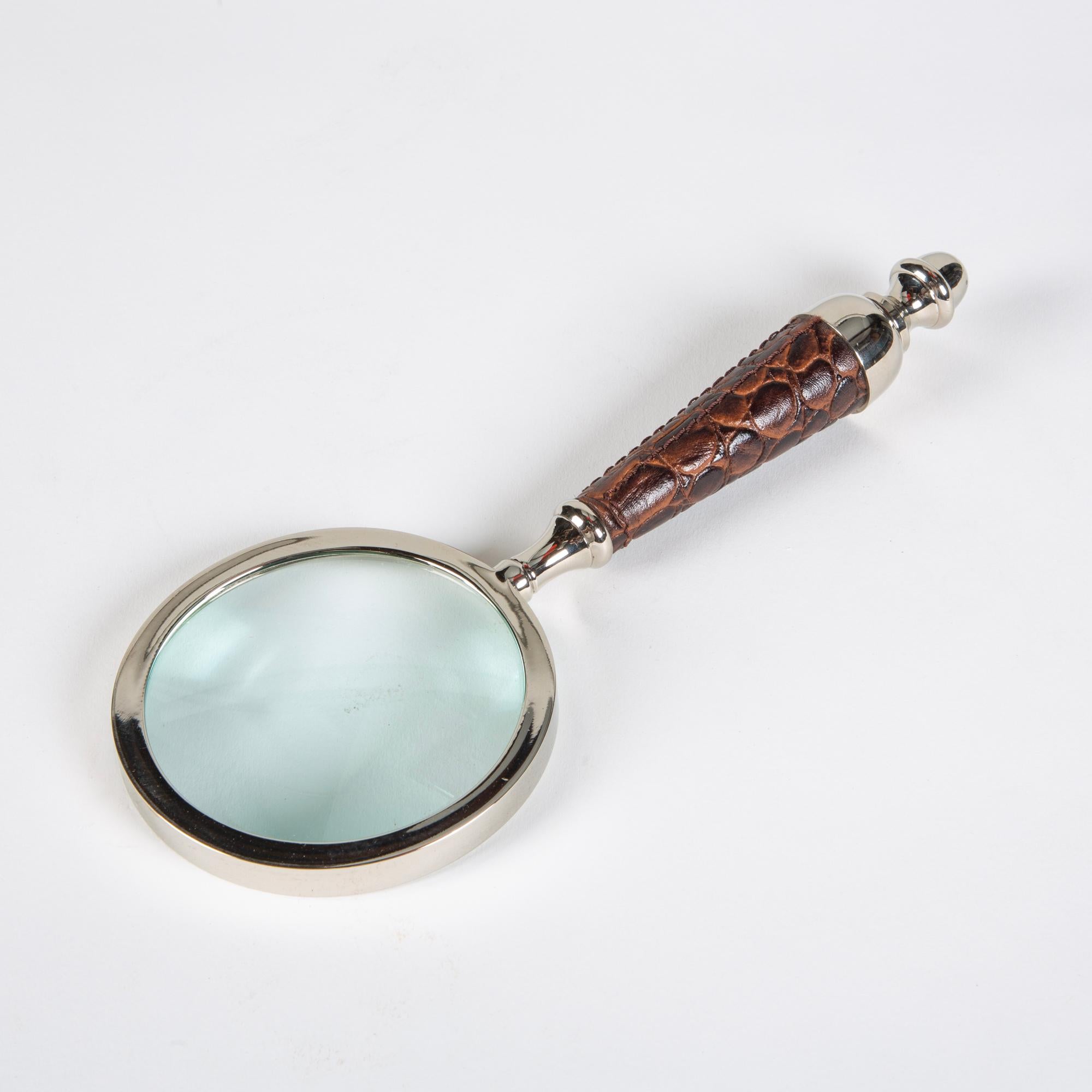 Mid-Century Modern Magnifying Glass with Leather Croc Embossed Handle