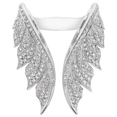 Magnipheasant Pavé Open Feather 18 Karat White Gold and White Diamond Ring