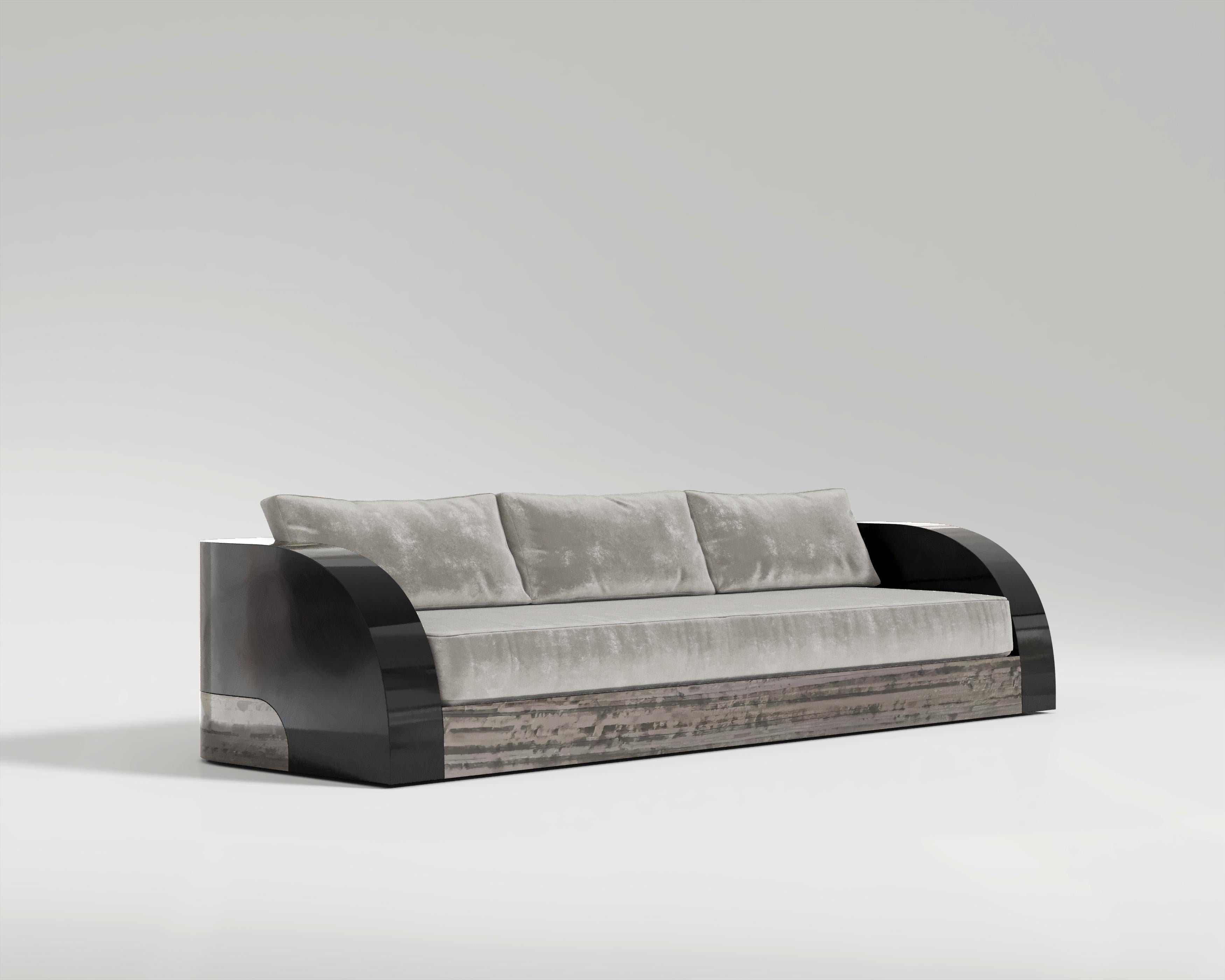 Art Deco Magno Sofa in Eucalyptus and Black Lacquer by Palena Furniture   For Sale