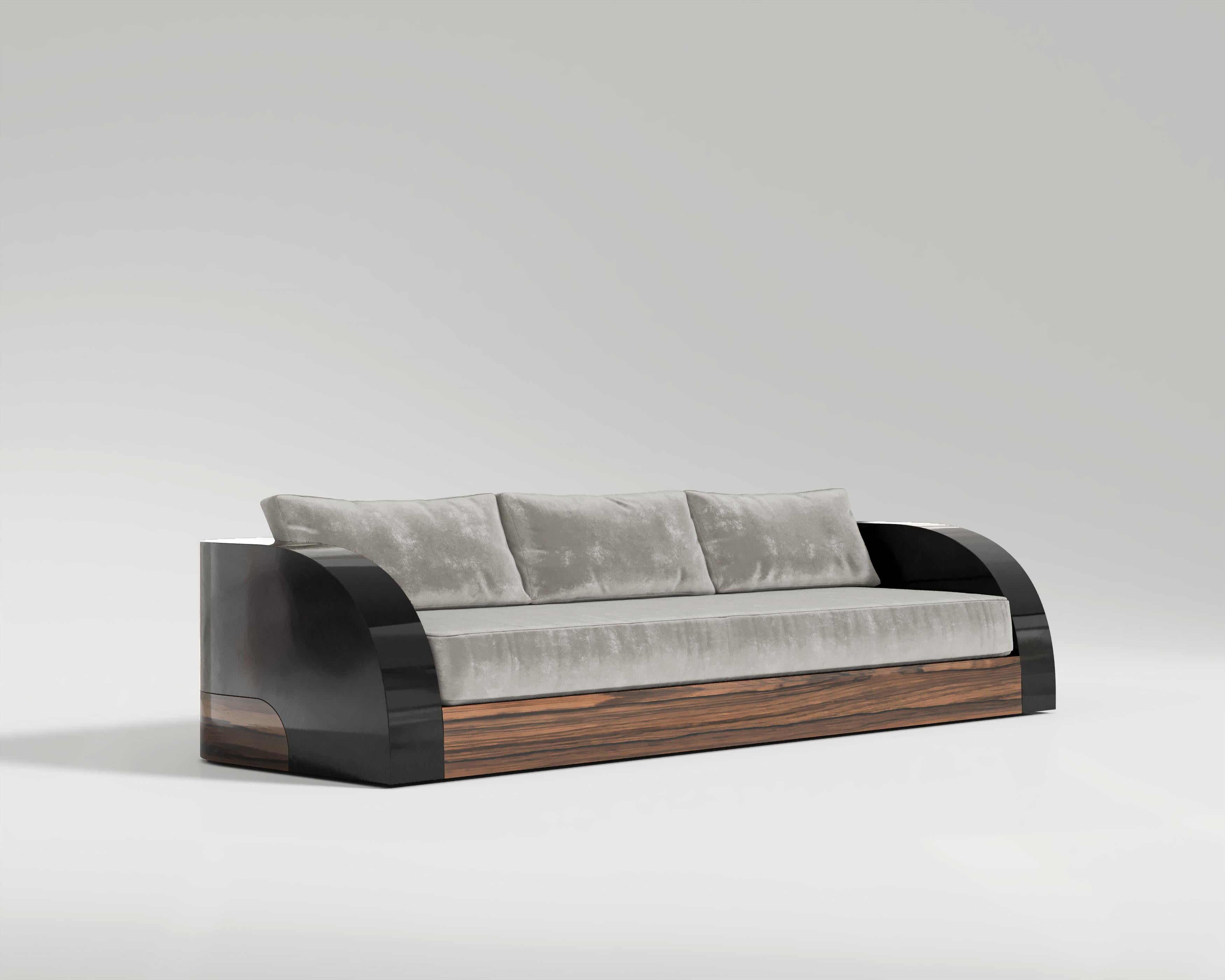 Art Deco Magno Sofa in Walnut and Black Lacquer by Palena Furniture For Sale