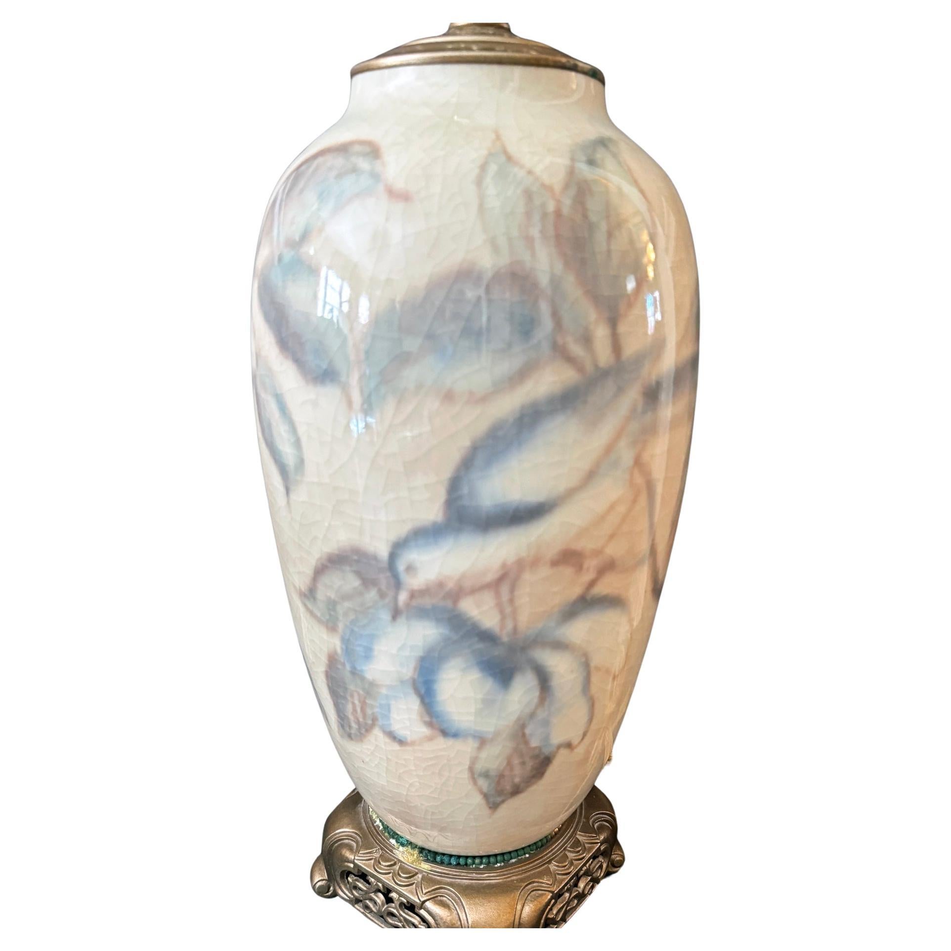 "Magnolia and Bluebirds", Unique, Lovely Art Deco Lamp by Rookwood, 1940s For Sale