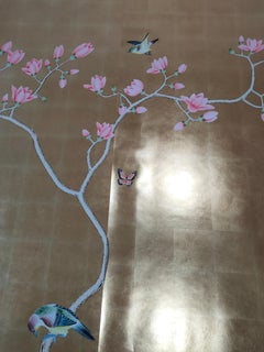 Magnolia Chinoiserie Panels Hand Painted Wallpaper on Gold Metallic