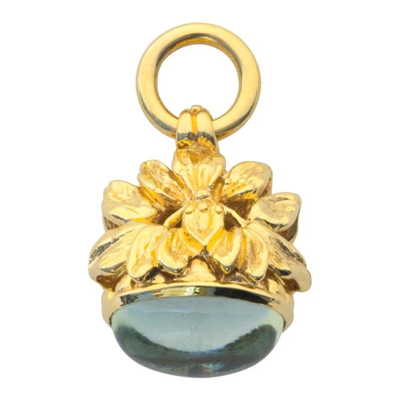 Magnolia Fob in 14 Karat Yellow Gold with Green Amethyst Cabochon For Sale