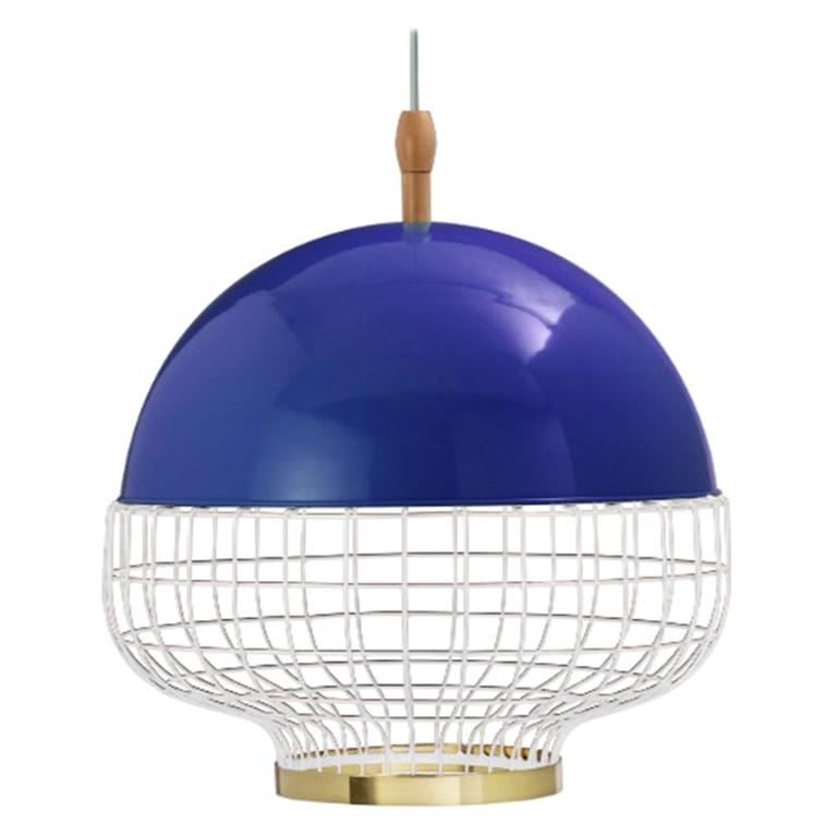21st Century Art Deco Magnolia I Suspension Brass Pendant Lamp in Blue