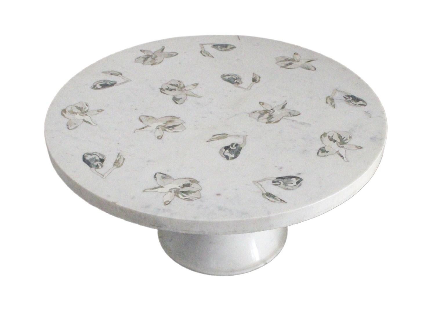 Indian Magnolia Table Inlay in White Marble Handcrafted in India by Stephanie Odegard For Sale