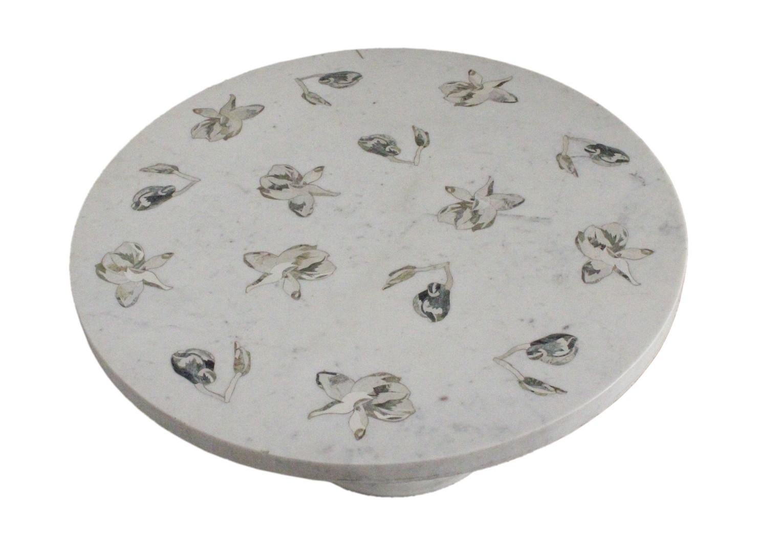 Hand-Carved Magnolia Table Inlay in White Marble Handcrafted in India by Stephanie Odegard For Sale