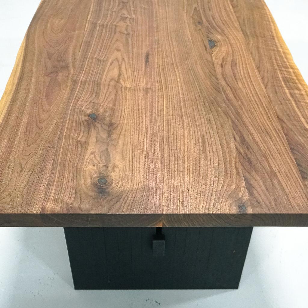 Contemporary Magnolia Table, Organic Edge Walnut Dining Table with Blackened-Oak Base For Sale
