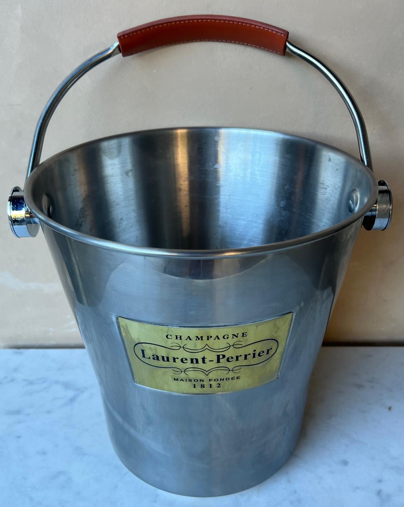 Silver Plate Magnum Sized Laurent Perrier Champagne Bucket With Leather Handle & Strainer For Sale
