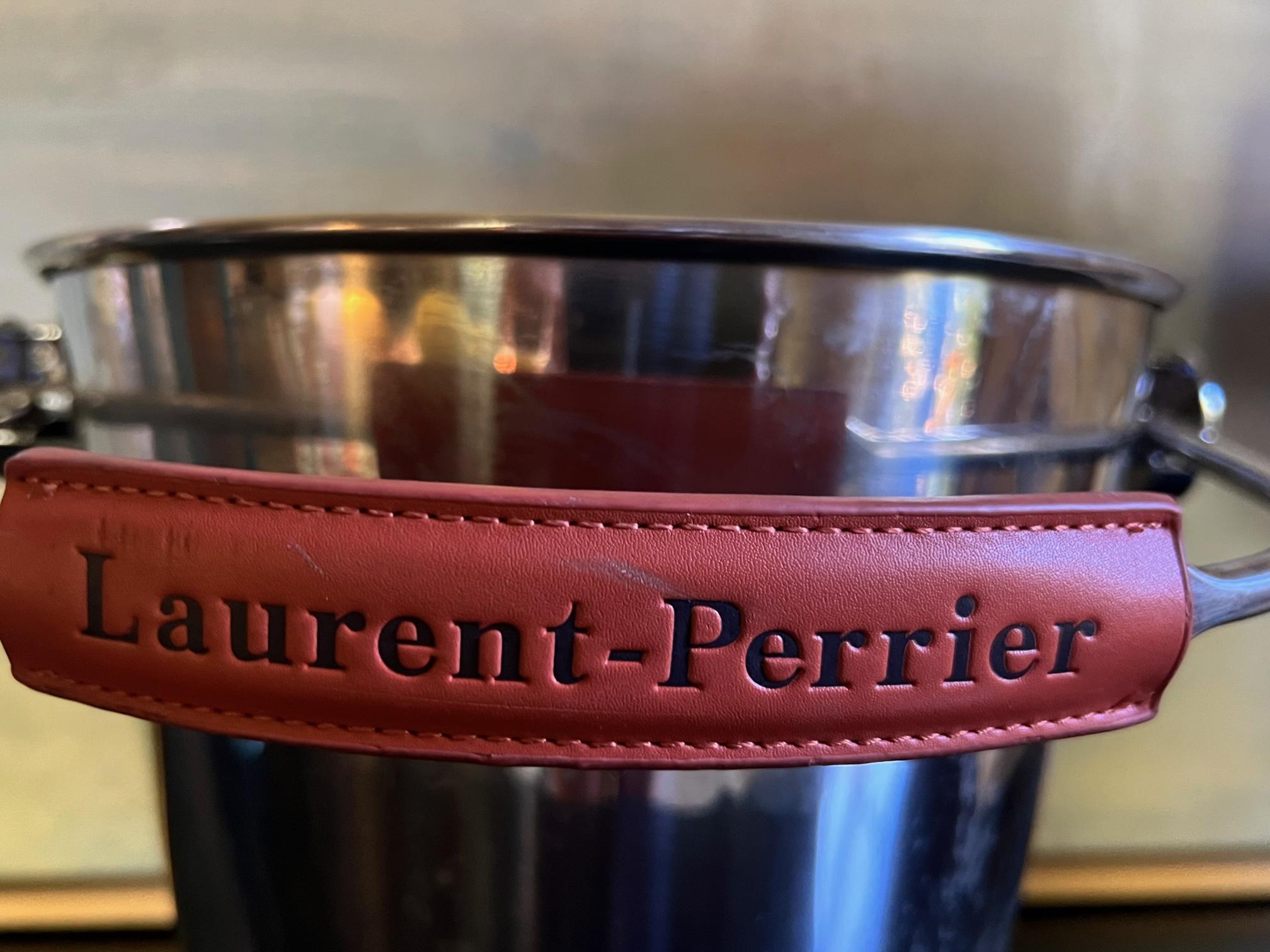 Magnum Sized Laurent Perrier Champagne Bucket With Leather Handle & Strainer For Sale 1