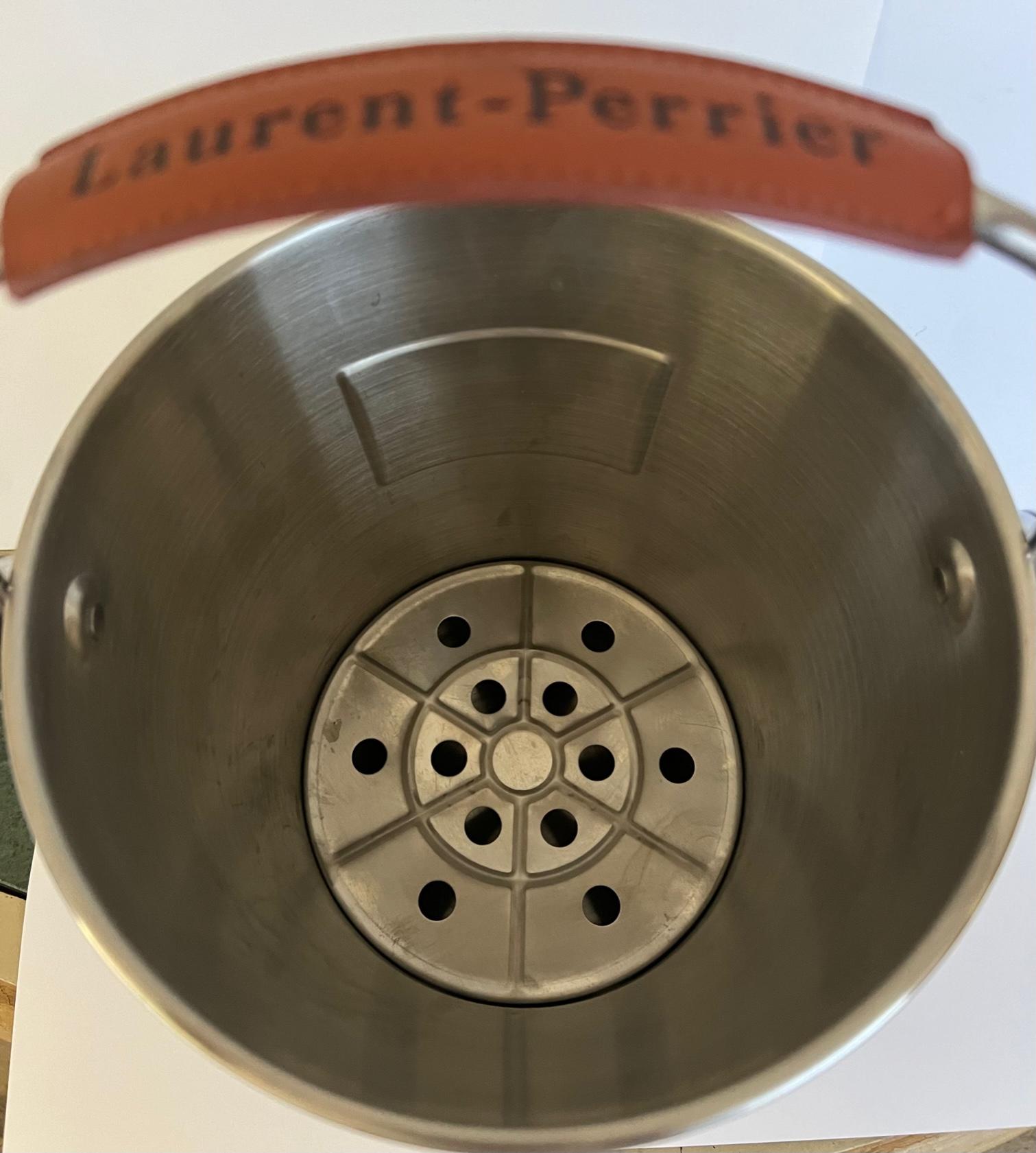 Magnum Sized Laurent Perrier Champagne Bucket With Leather Handle & Strainer For Sale 8