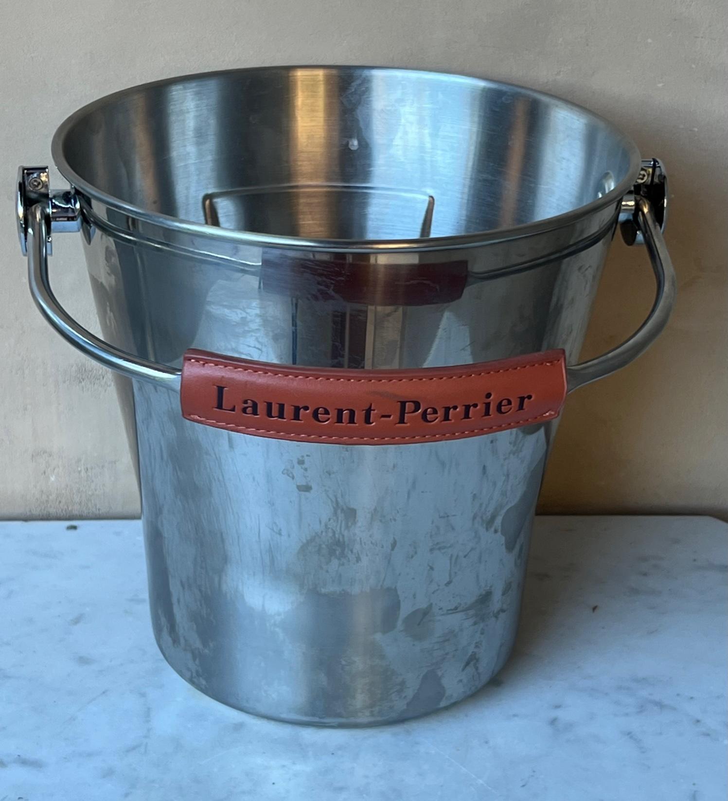 French Magnum Sized Laurent Perrier Champagne Bucket With Leather Handle & Strainer For Sale