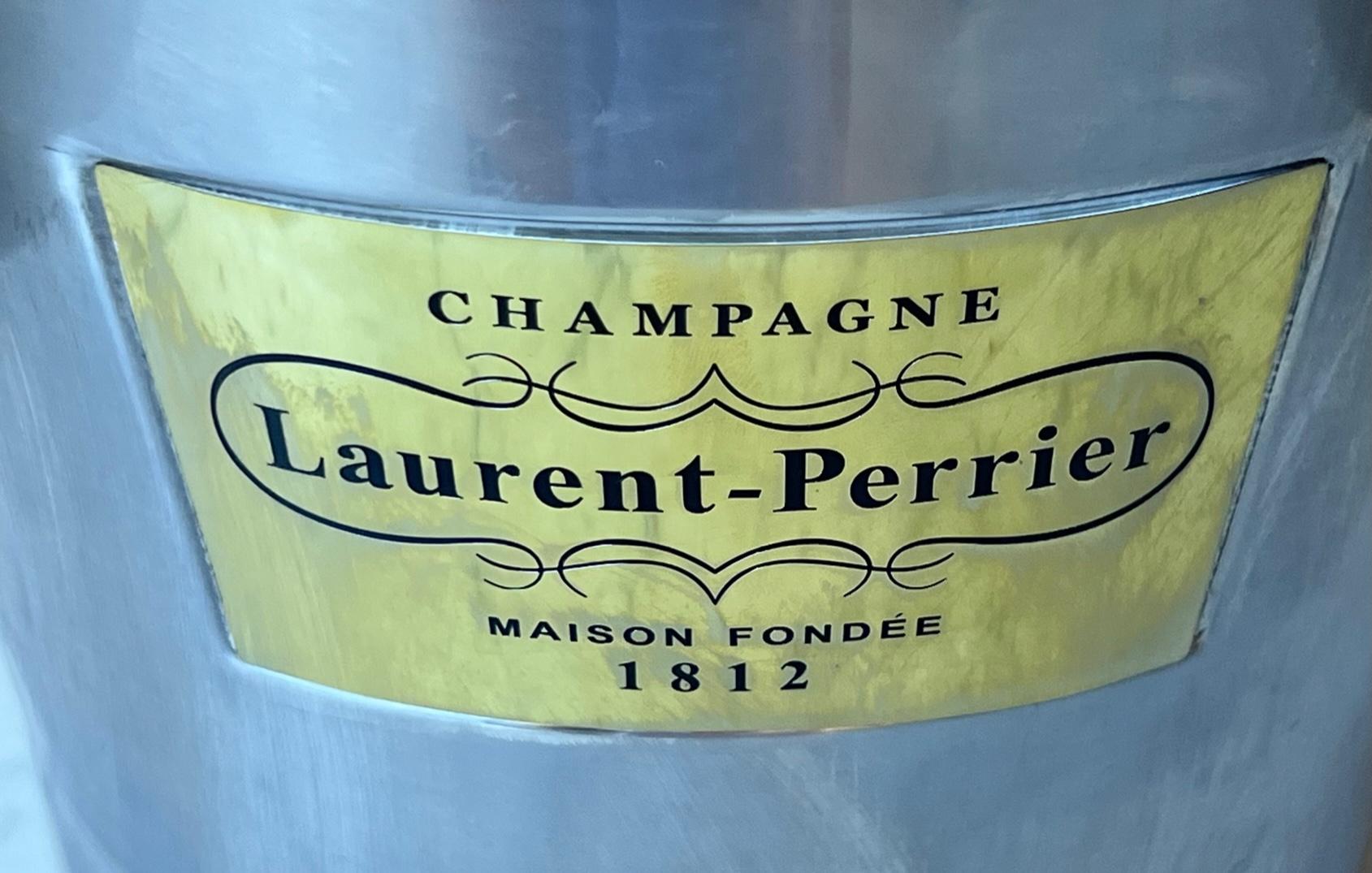 Cast Magnum Sized Laurent Perrier Champagne Bucket With Leather Handle & Strainer For Sale