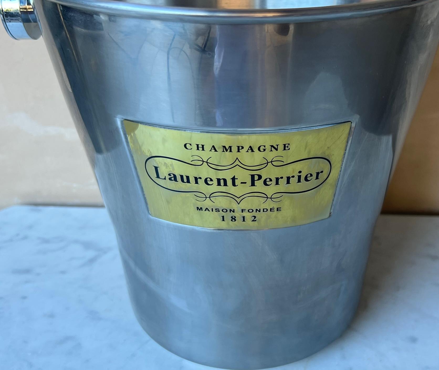 Magnum Sized Laurent Perrier Champagne Bucket With Leather Handle & Strainer In Excellent Condition In Ross, CA