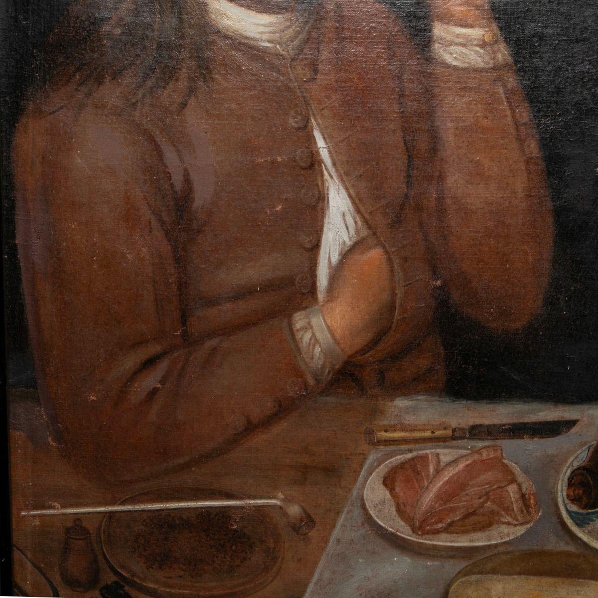Dipinto Magnus Jørgensen - Due gentiluomini a tavola ben apparecchiati, firmato 1724 in vendita