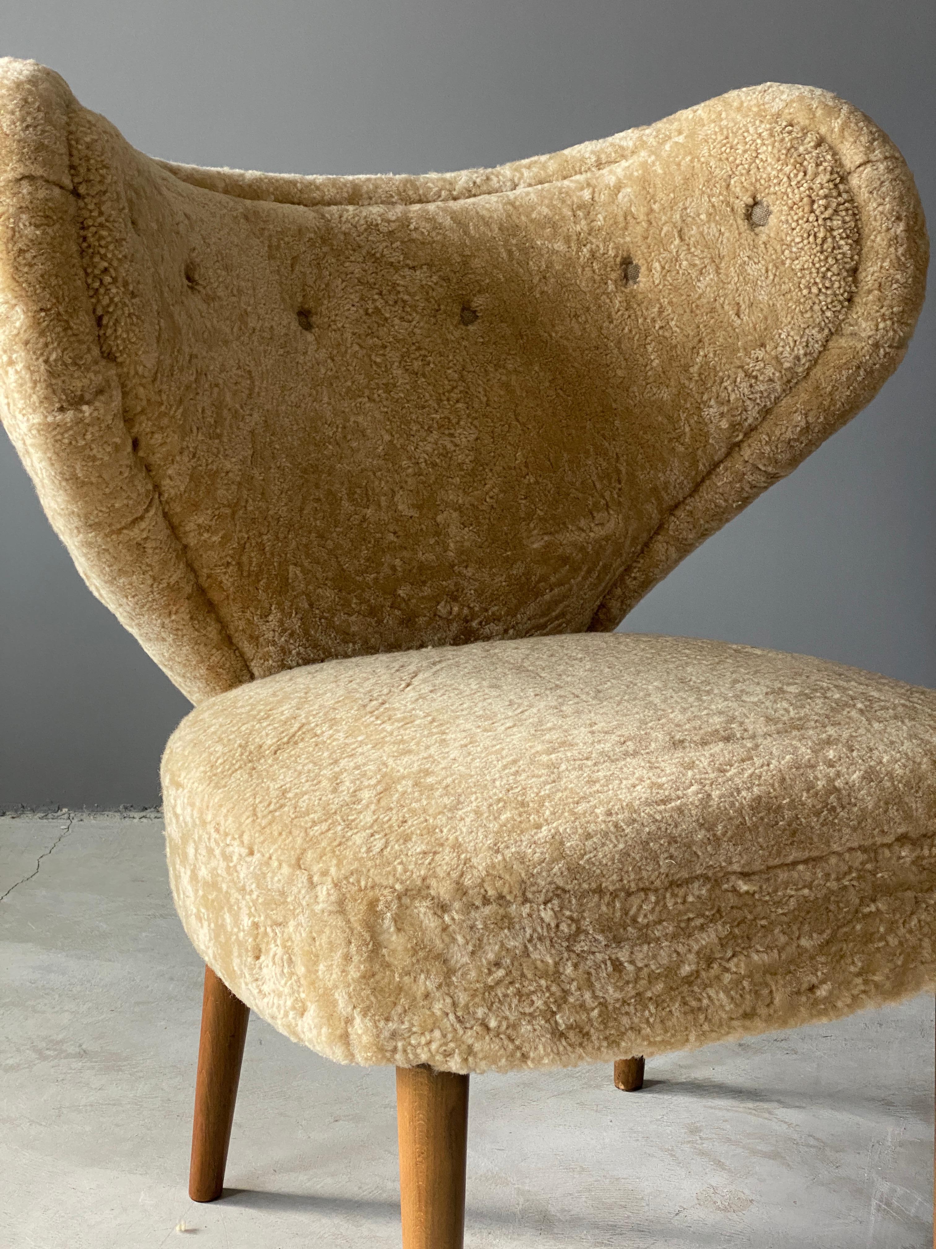 Scandinavian Modern Magnus Stephensen 'Attributed' Lounge Chair Beige Sheepskin Beech Denmark C 1949