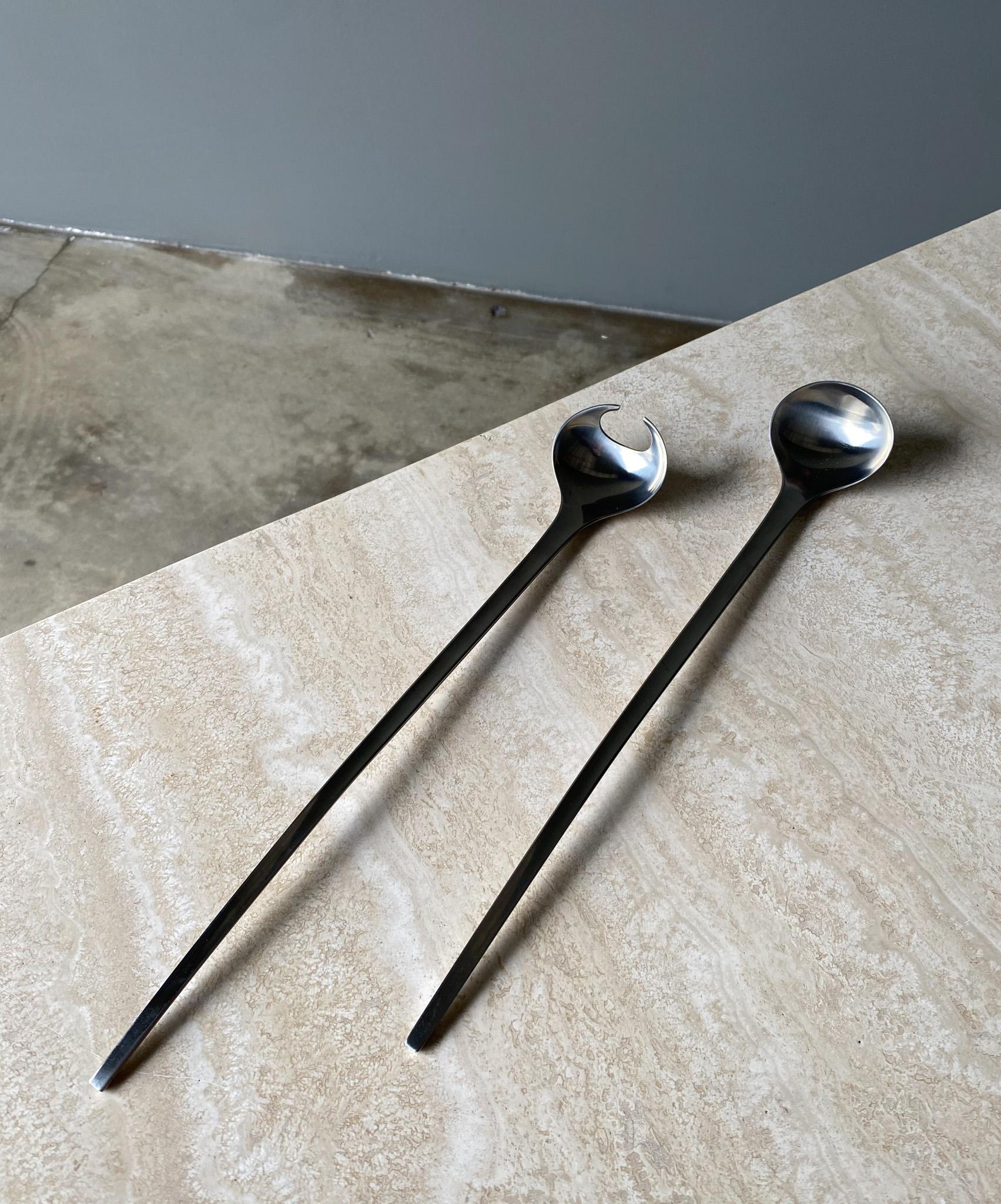 Magnus Stephensen for Georg Jensen, Stainless Denmark Serving Fork and Spoon In Good Condition For Sale In Costa Mesa, CA