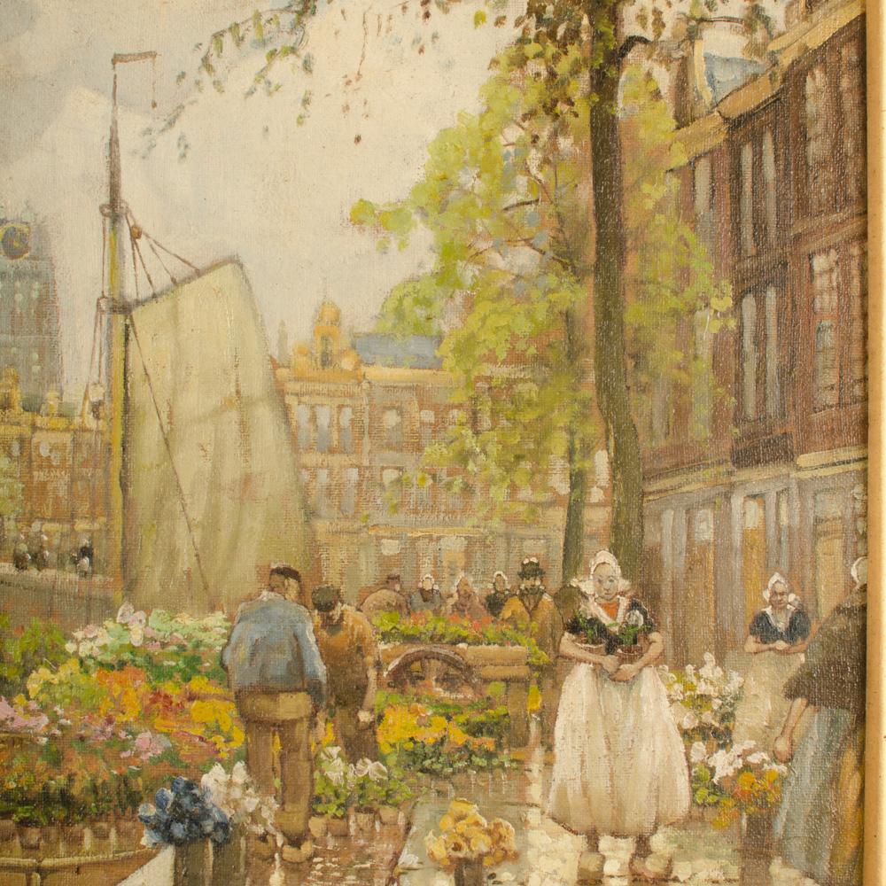 Franz Max Richter-Reich (German, 1896 - 1950) Flower Market in Dordrecht, oil on canvas painting. Signed lower middle. House in good quality gilt frame which appears to be original to the painting.

Framed size:  24