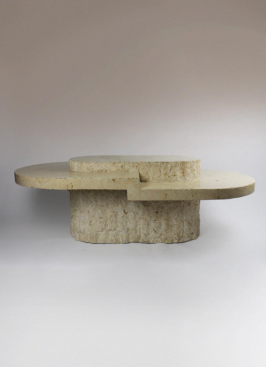 Hollywood Regency Magnussen Ponte sculptural Mactan Fossil stone oval coffee table Italy 1970