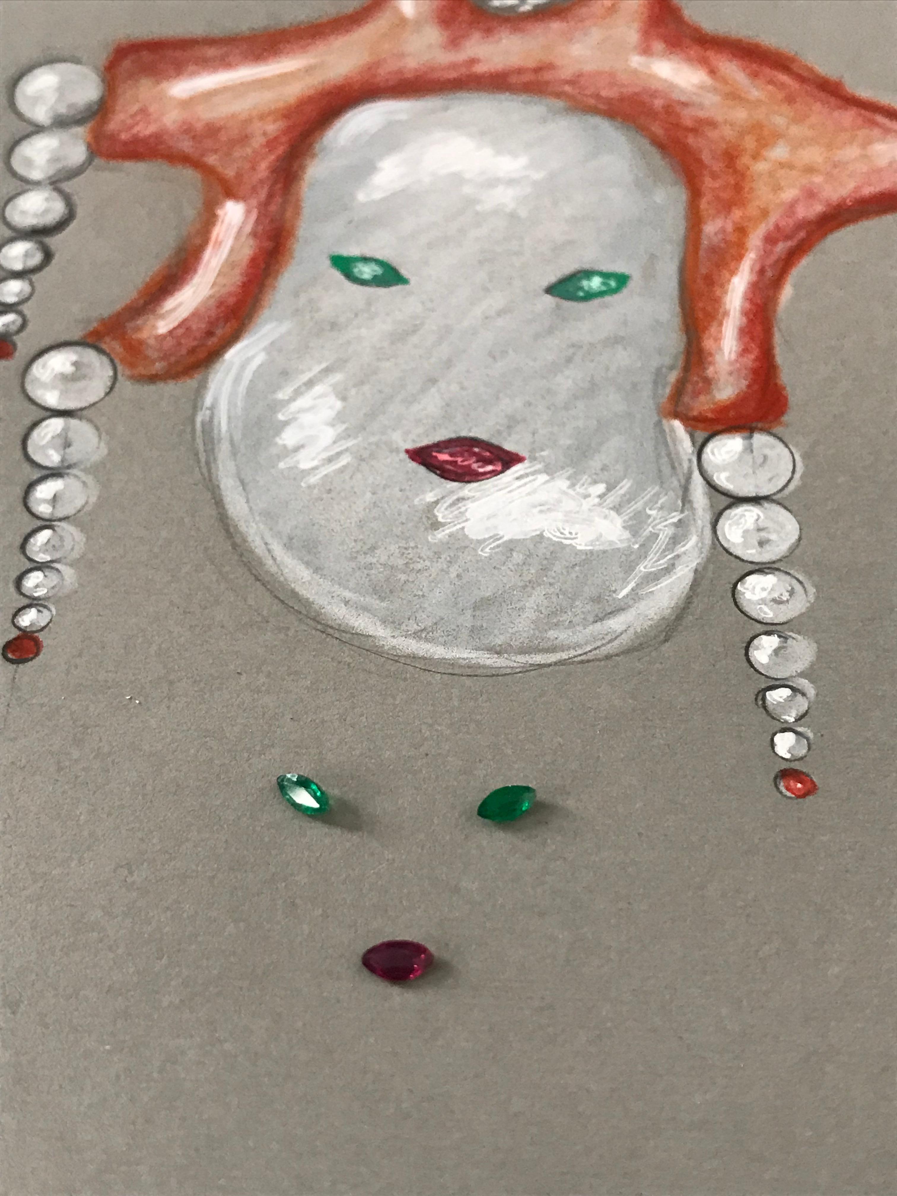 Magot, an 18K Rose Gold Coral, Diamonds, Emerald, Ruby and Pearls Brooch-Pendant In New Condition For Sale In Geneve, Genf