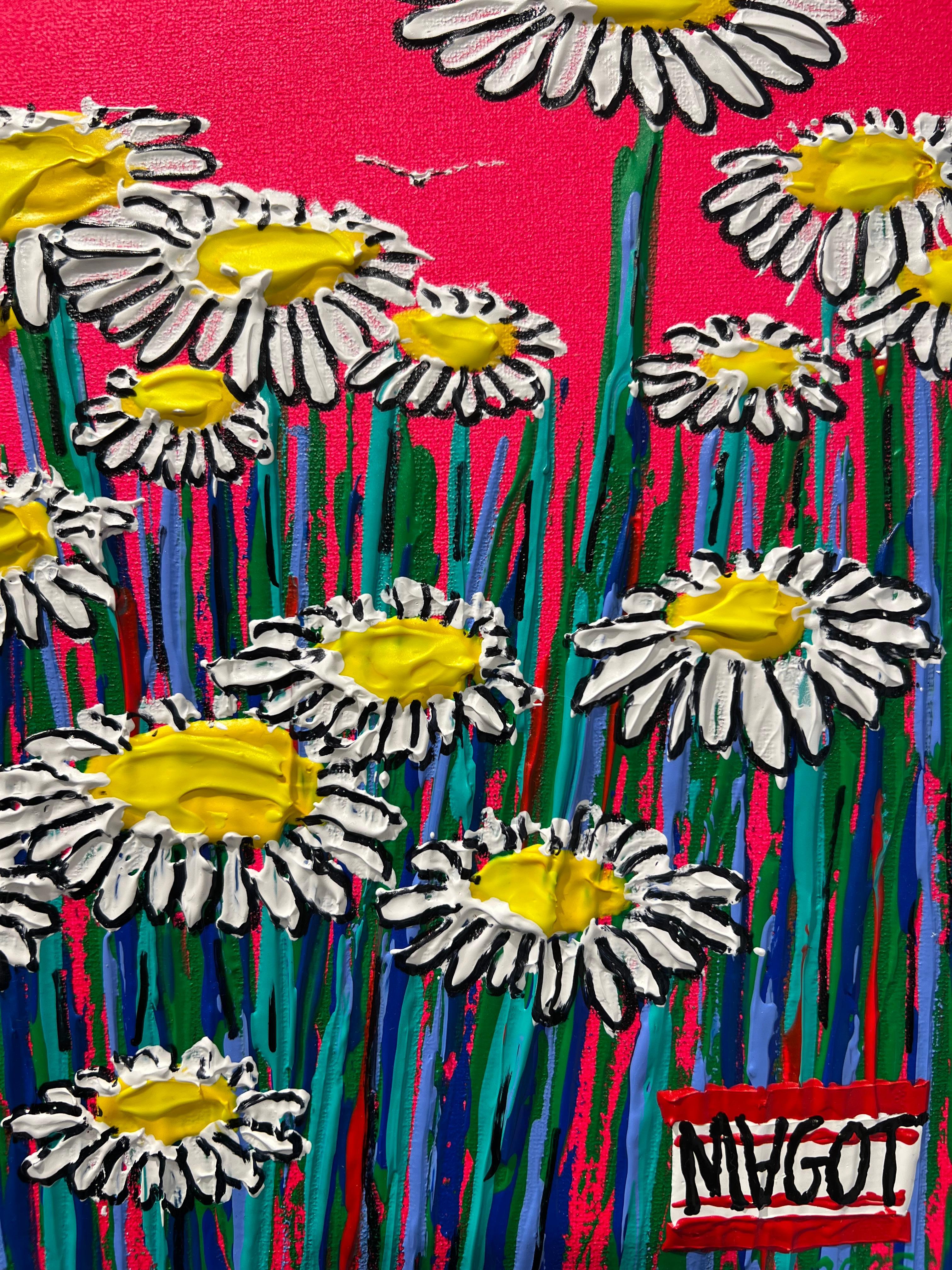 Einzigartiges und originelles Gemälde des französischen zeitgenössischen Künstlers Magot.
Berühmt für seine figurativen und naiven Gemälde im Impasto-Stil.
Aus seiner Serie Daisy.
Gerahmt in einem Holzrahmen, signiert und mit einem