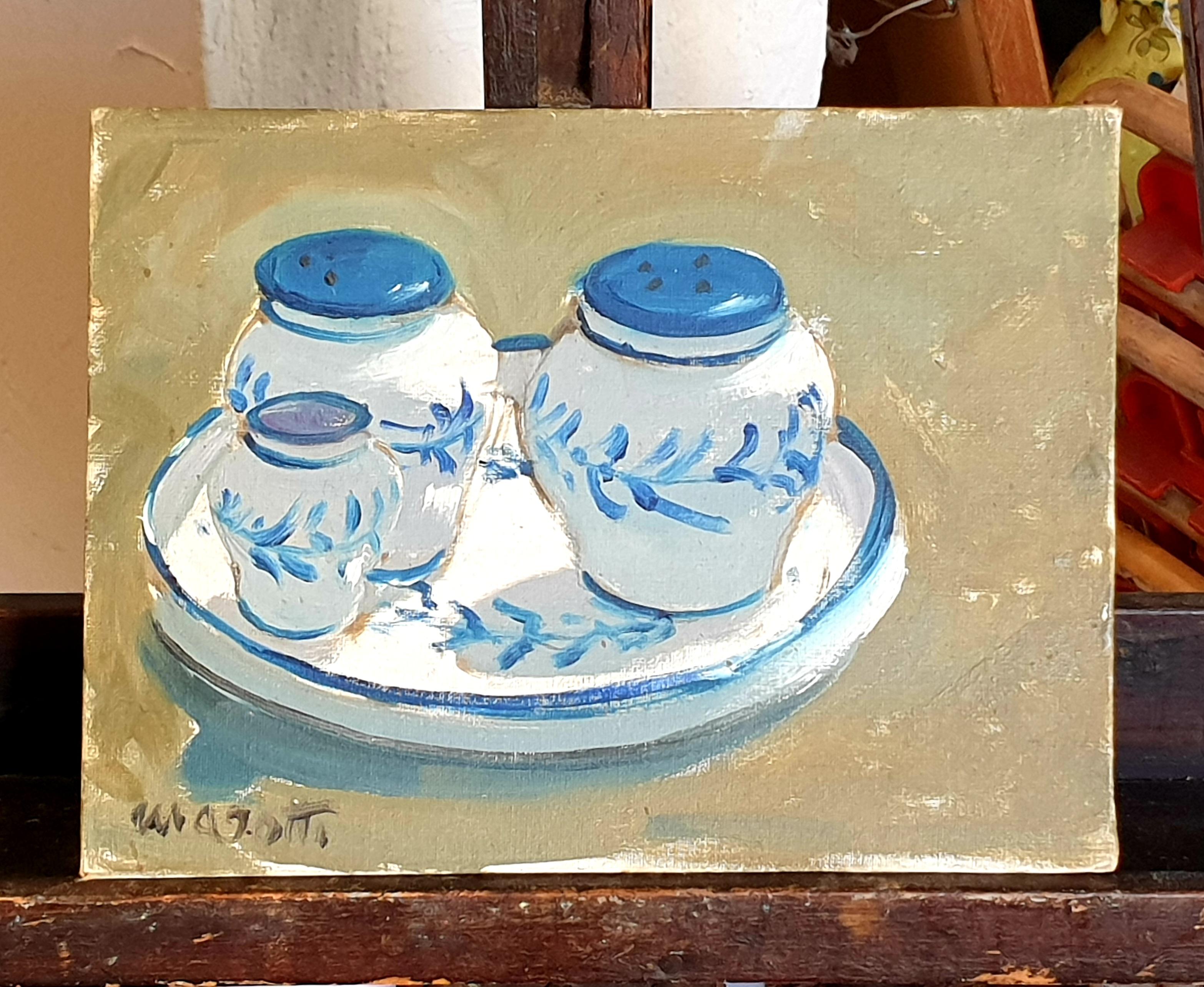 Natura morta impressionista olio su tavola. Pepe, Sale e Stecchii'... - Painting di Magotti