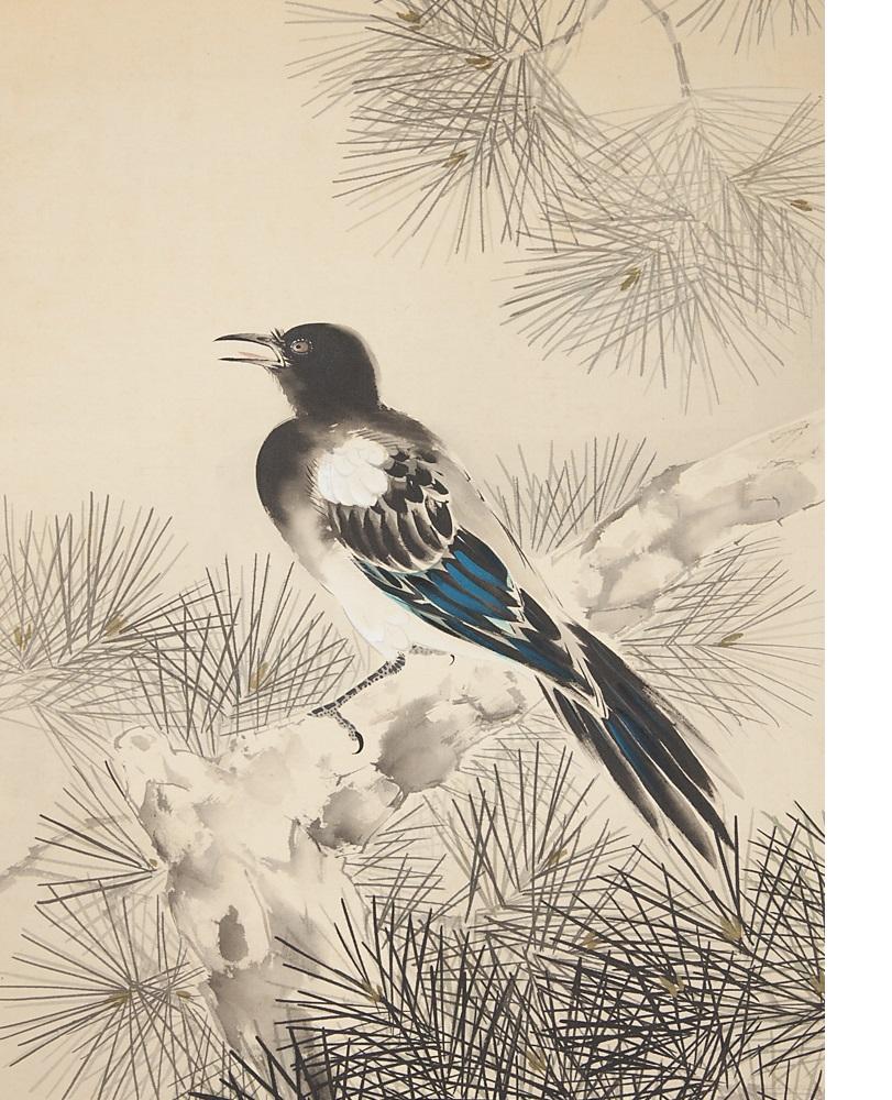 19th Century Magpie Nihonga Scene Meiji/Taisho Period Scroll Japan Artist Meiji Period For Sale