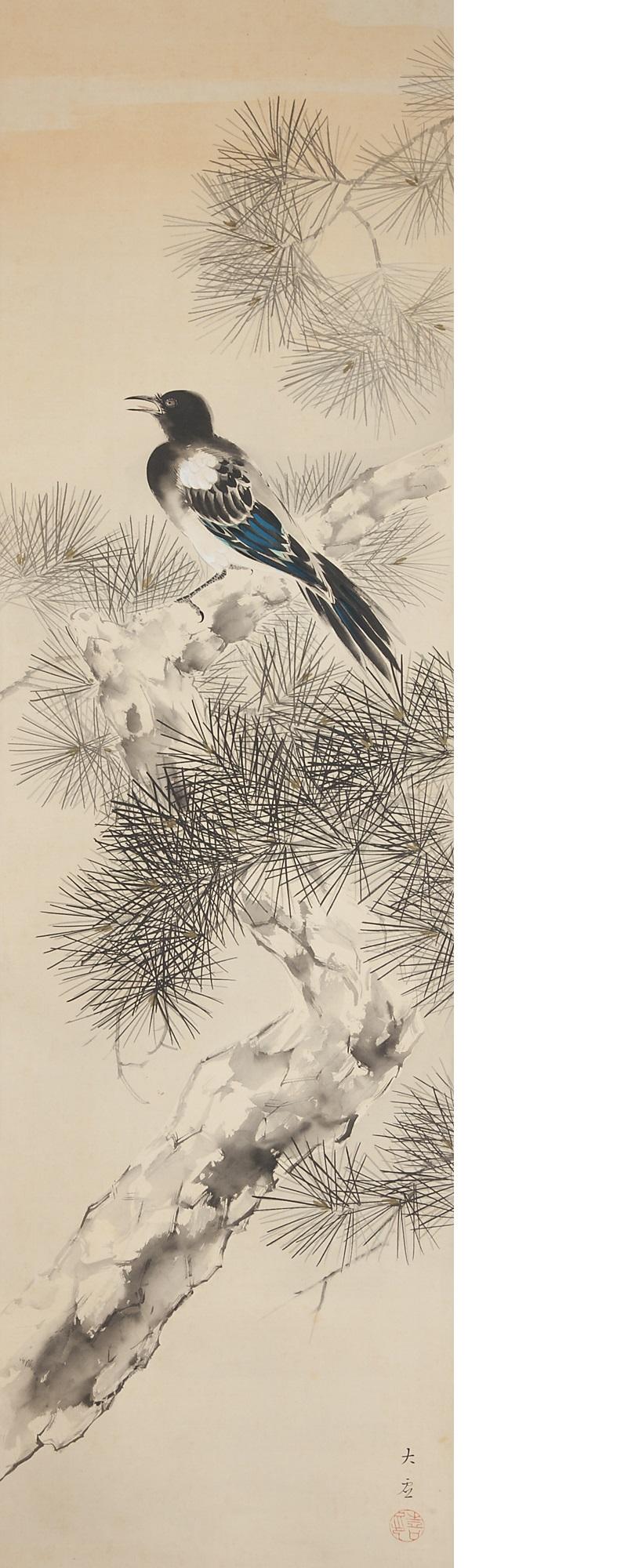 Silk Magpie Nihonga Scene Meiji/Taisho Period Scroll Japan Artist Meiji Period For Sale