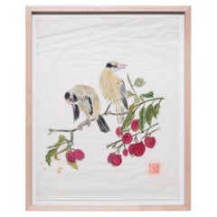Vintage "Magpies in the Lychee Tree" Watercolor Painting