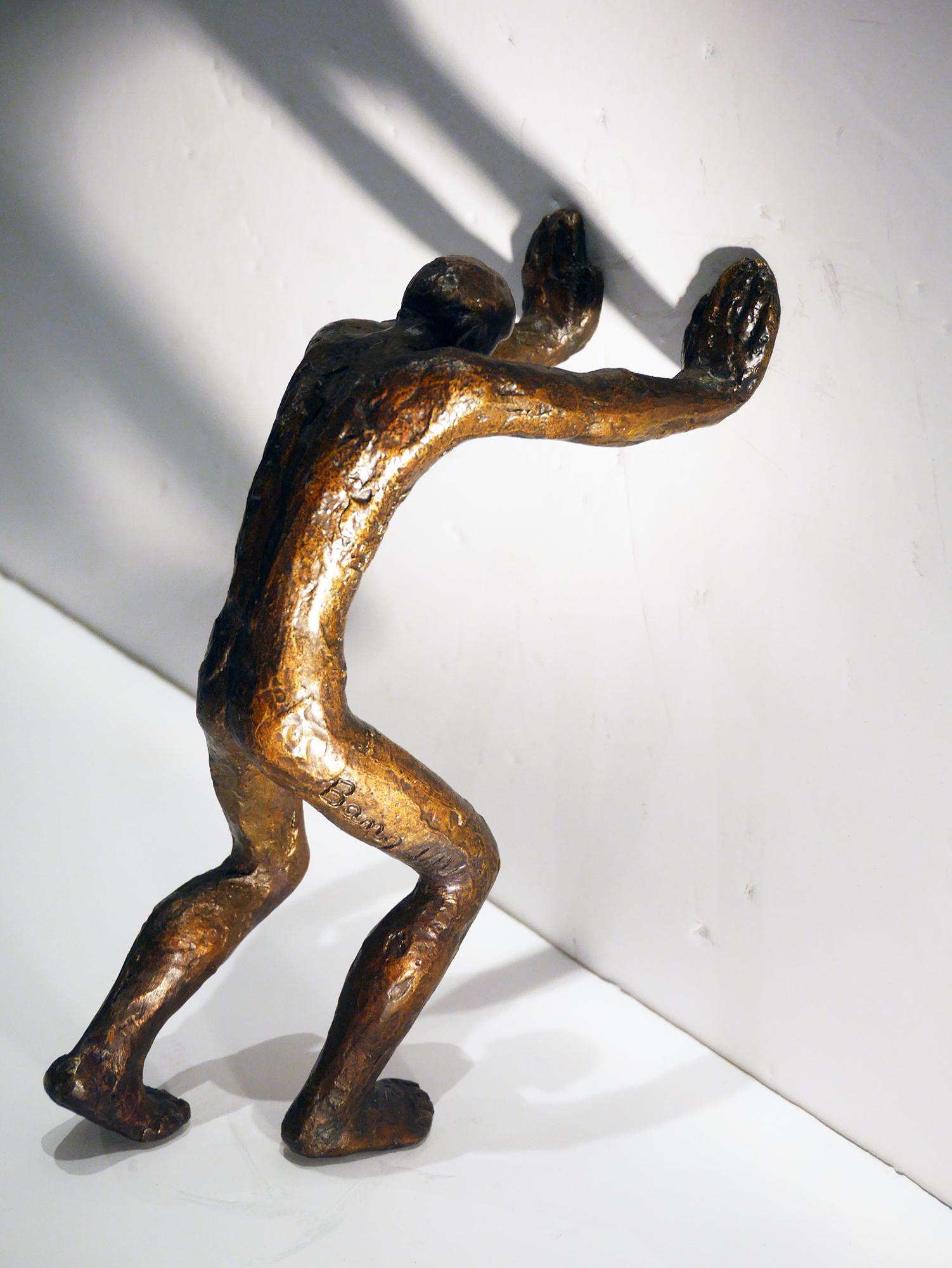 Maguy Banq Figurative Sculpture - La Force, bronze sculpture, figurative human figure, man pushing a wall by Banq