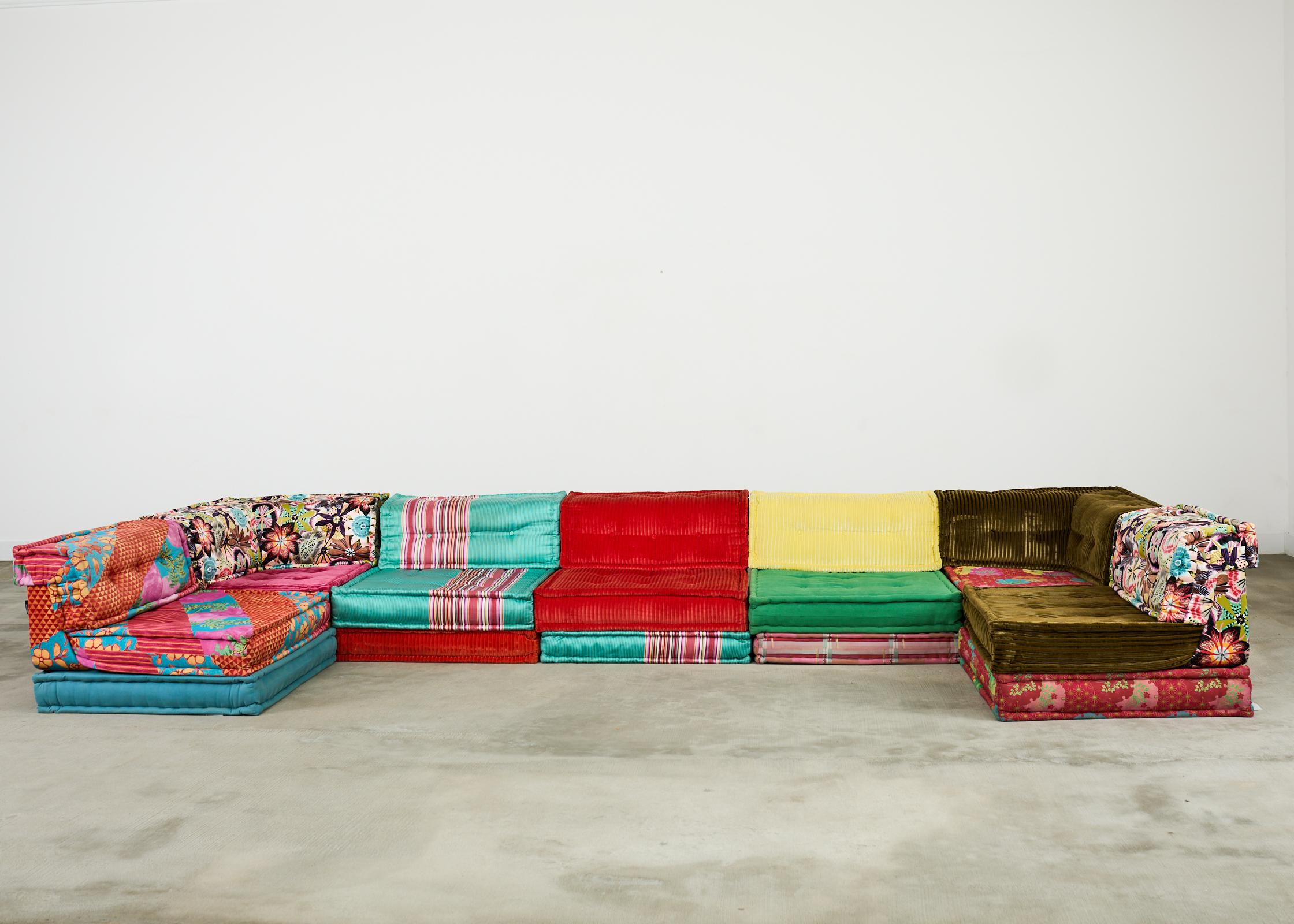 Monumental Iconic Mah Jong sectional sofa designed by Hans Hopfer for Roche Bobois featuring Kenzo Takada and Missoni fabric. The mid-century sofa was designed in France and consists of 21 pieces and one Missoni throw pillow. The large 21 piece