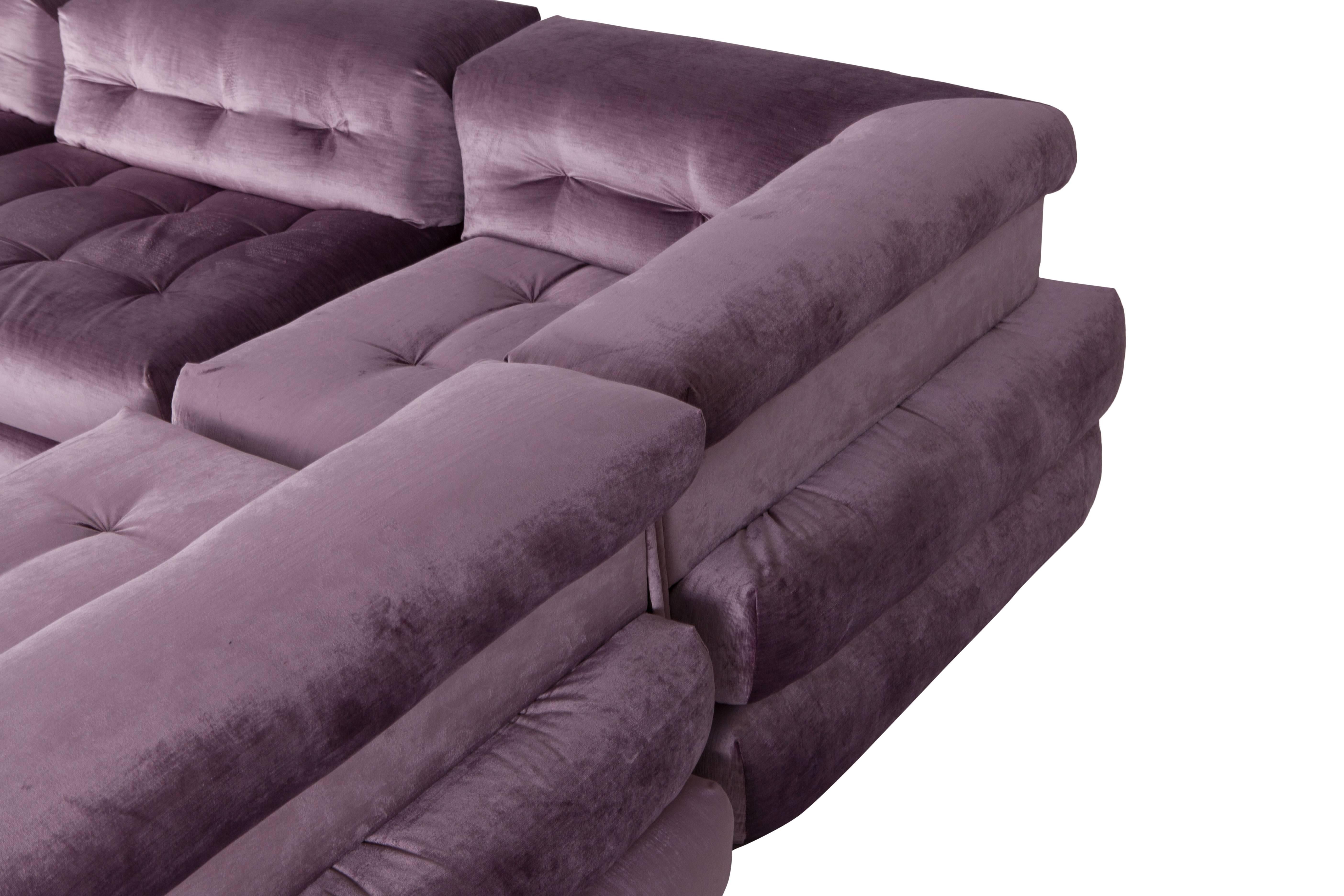 French Mah Jong sectional Sofa in Purple Velvet by Roche Bobois