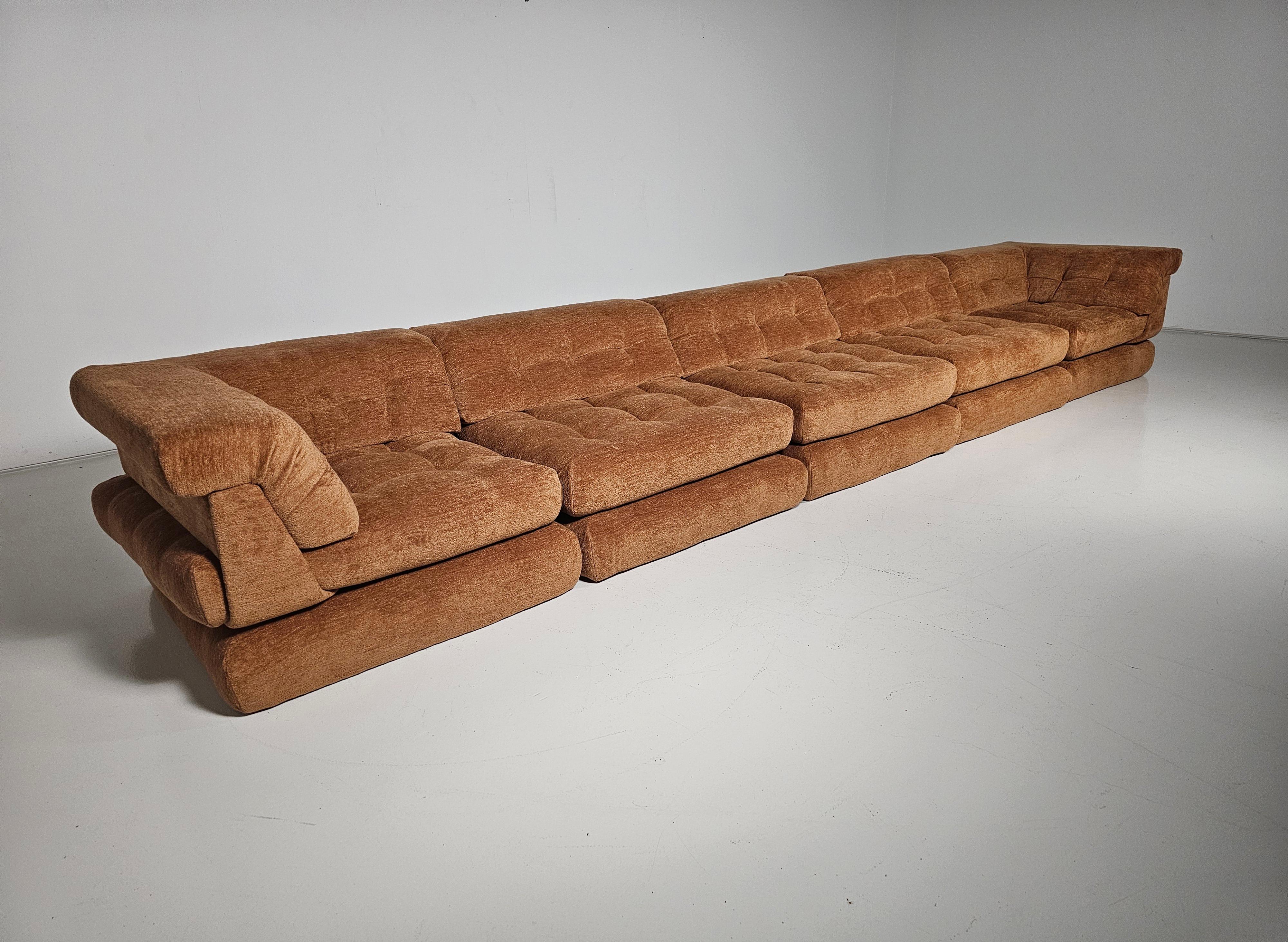 European Mah Jong sofa in rust brown chenille by Hans Hopfer, Roche Bobois, France, 1970s