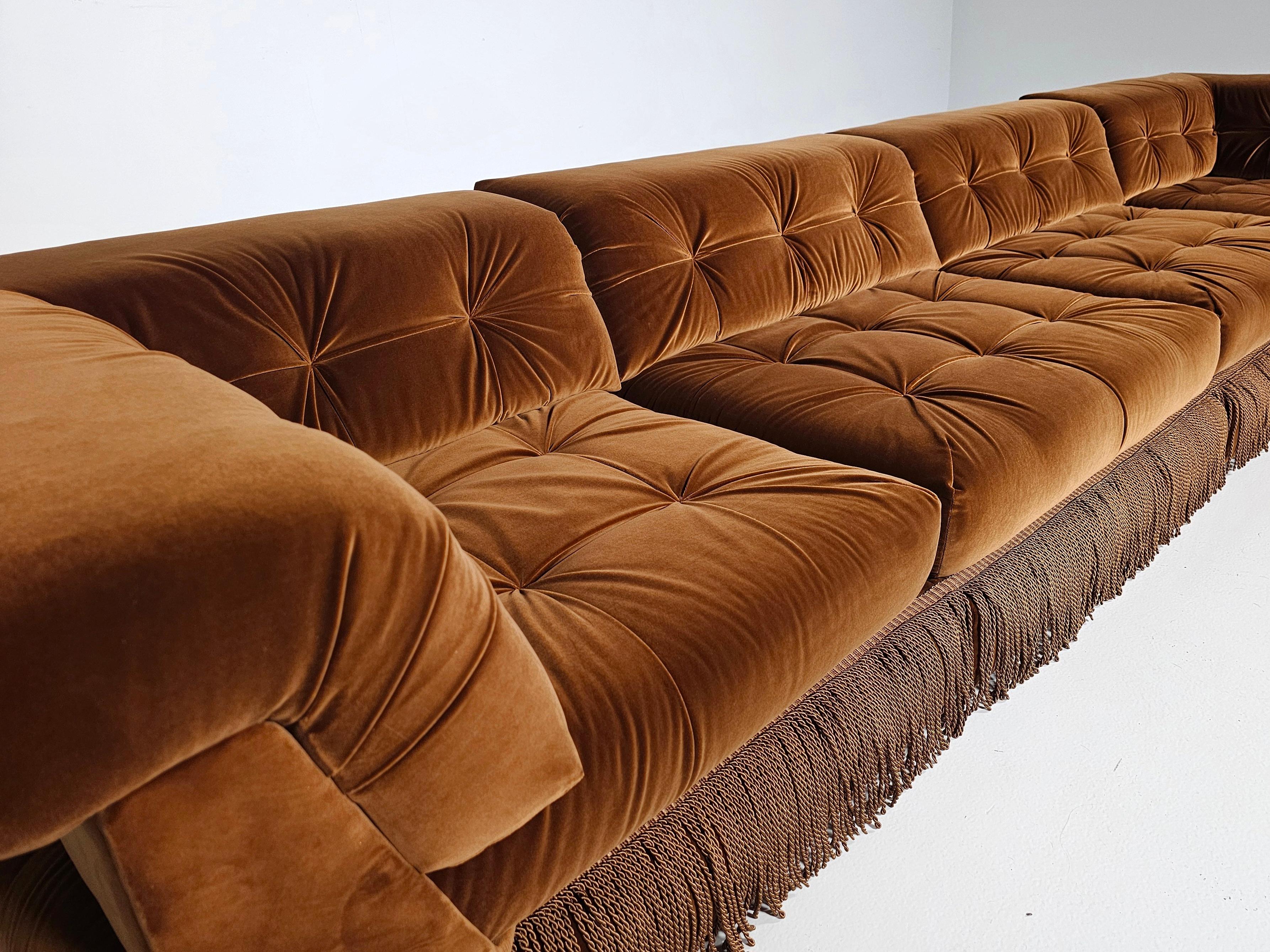 European Mah Jong sofa in light brown velvet by Hans Hopfer, Roche Bobois, France, 1970s