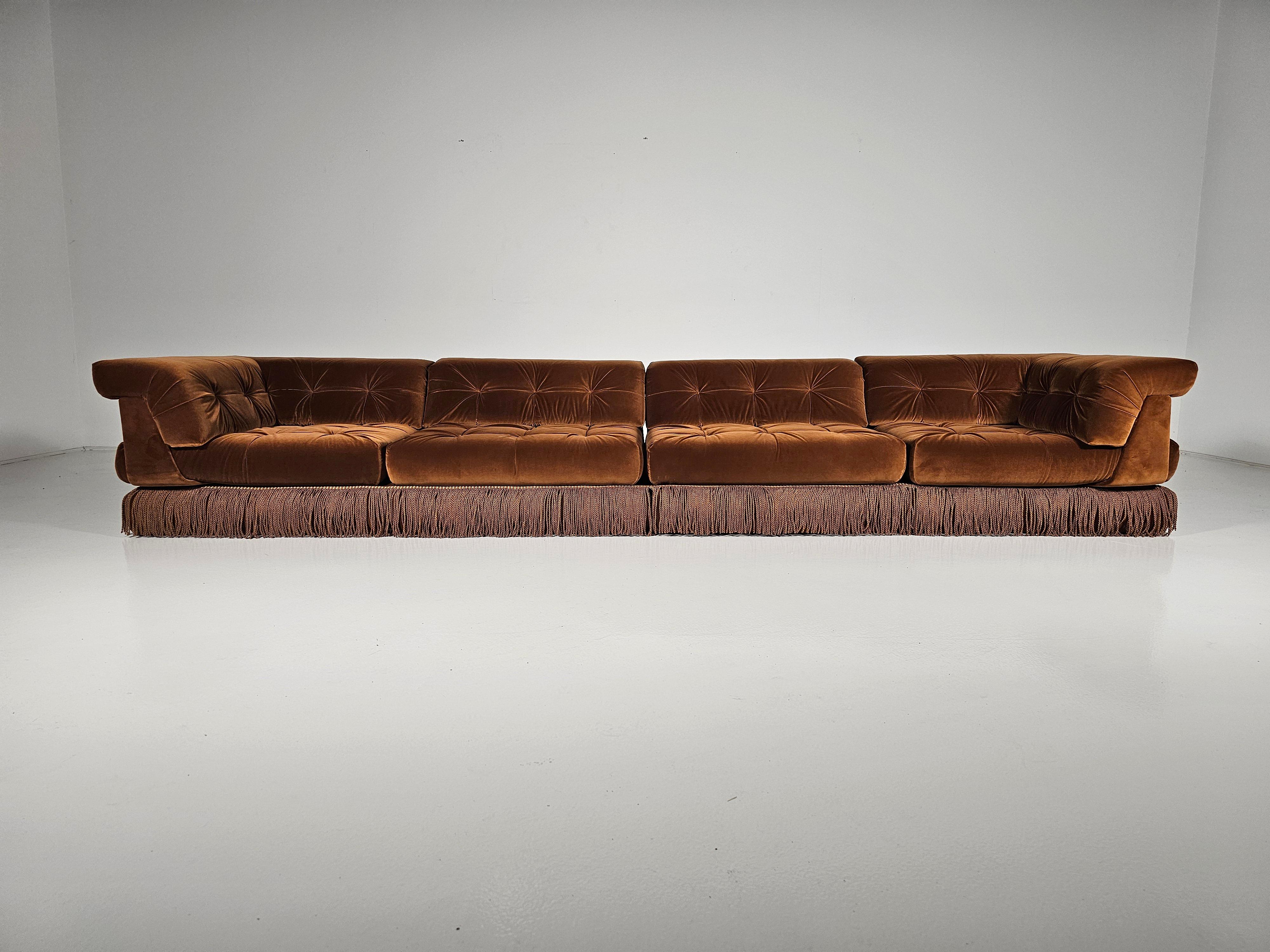 Velvet Mah Jong sofa in light brown velvet by Hans Hopfer, Roche Bobois, France, 1970s