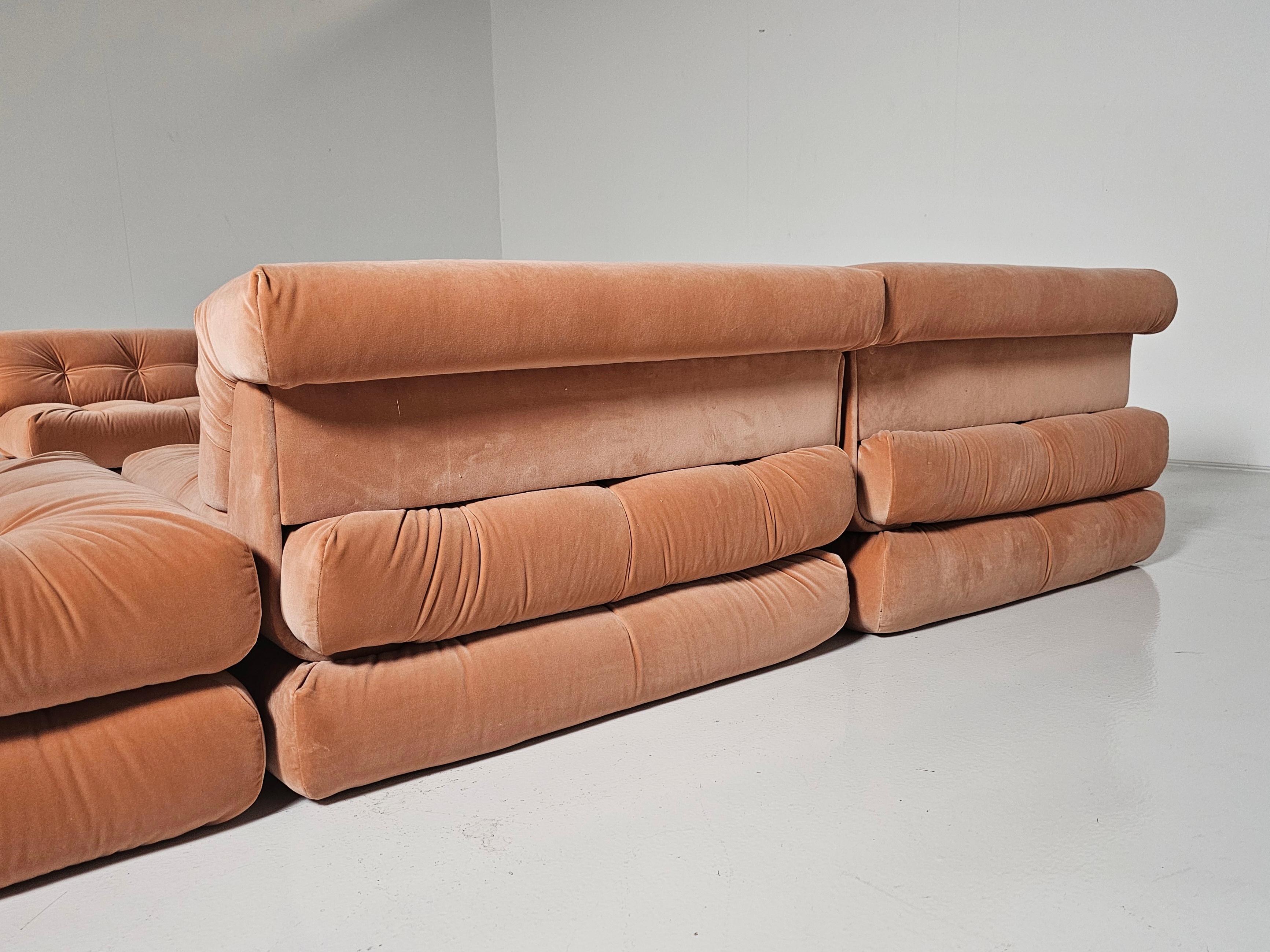 Mah Jong sofa in peach pink velvet by Hans Hopfer, Roche Bobois, France, 1970s 2