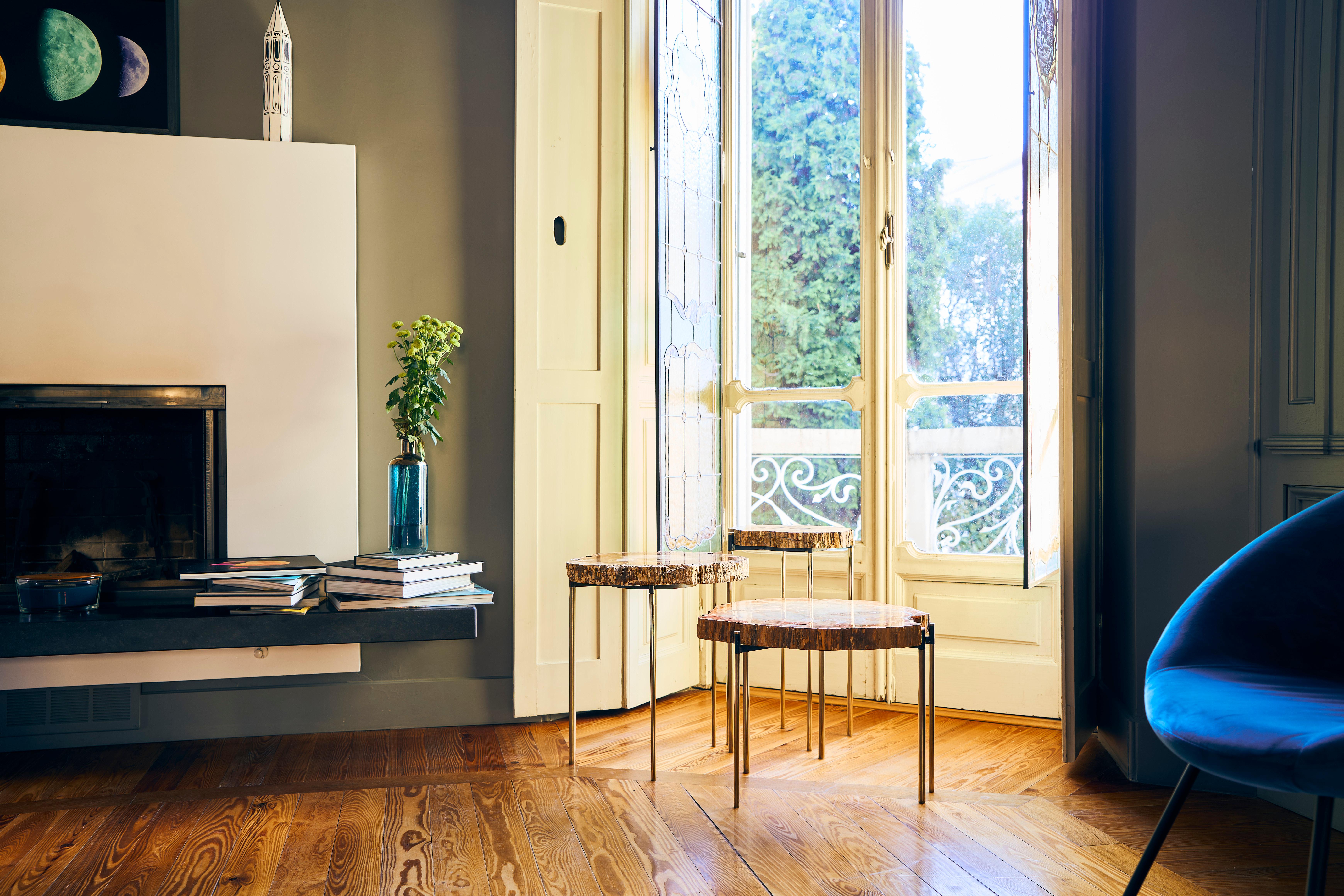 The Maha side table is a one-of-a-kind and irreplaceable piece, a true gem of collectible design that tells a millennia-old story through its extraordinary raw material. Crafted from fossilized wood from Madagascar, this piece belongs to the