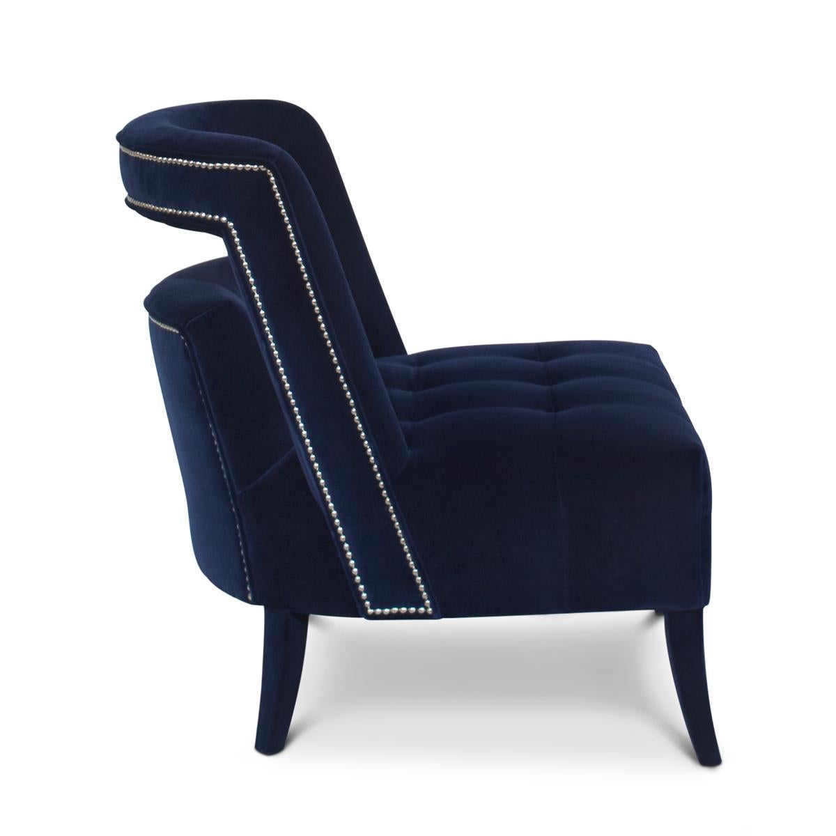Hand-Crafted Mahal Armchair with Blue Velvet Fabric For Sale