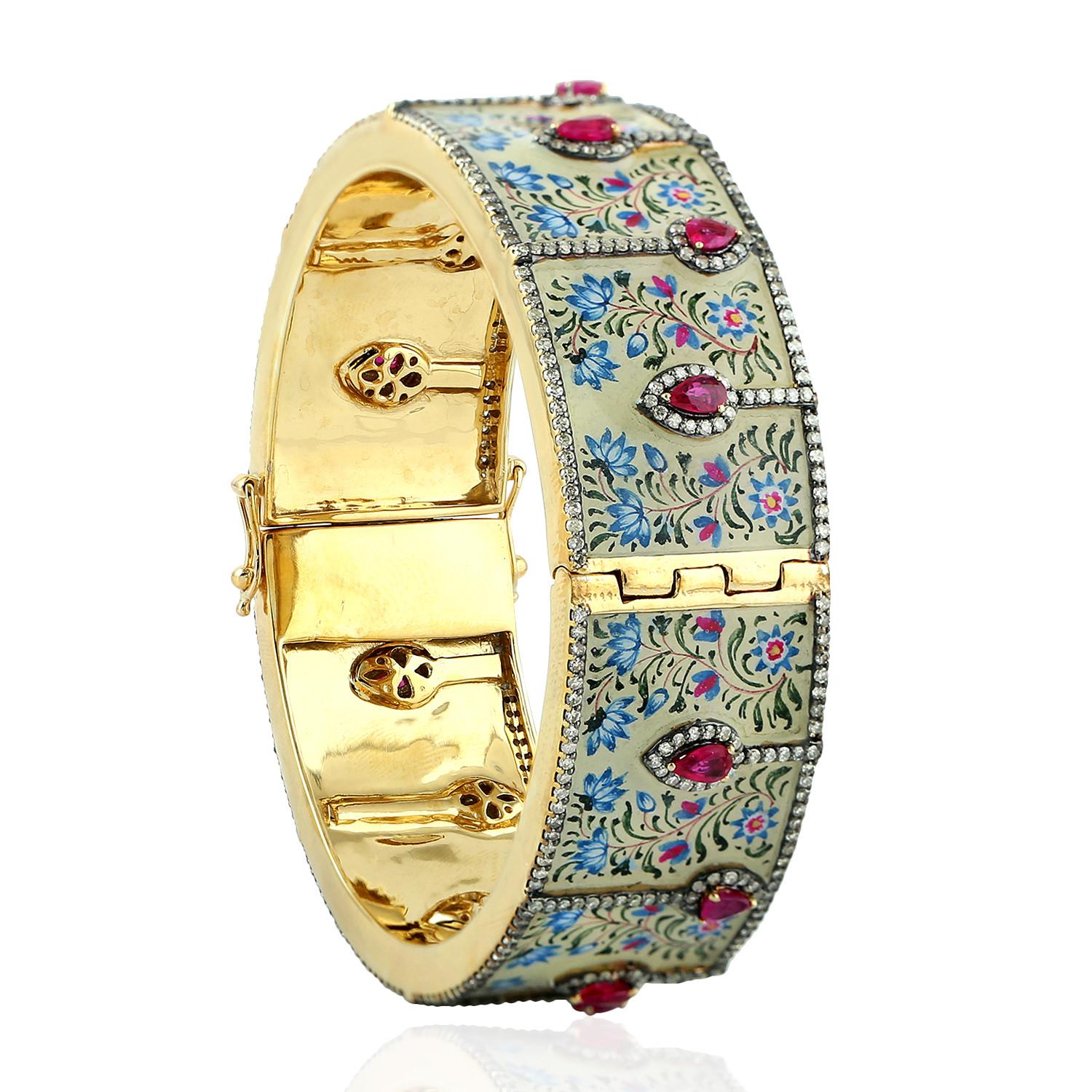 Maharaja Enamel Bangle Turquoise Rubies Diamonds In New Condition In Hoffman Estate, IL