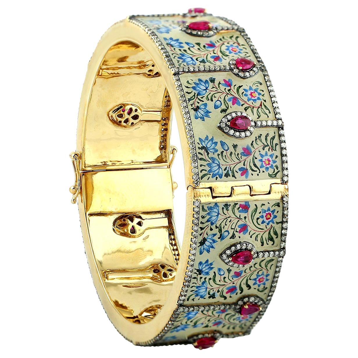 Enamel Hand Painted Turquoise Ruby Diamond Maharaja Bangle Bracelet