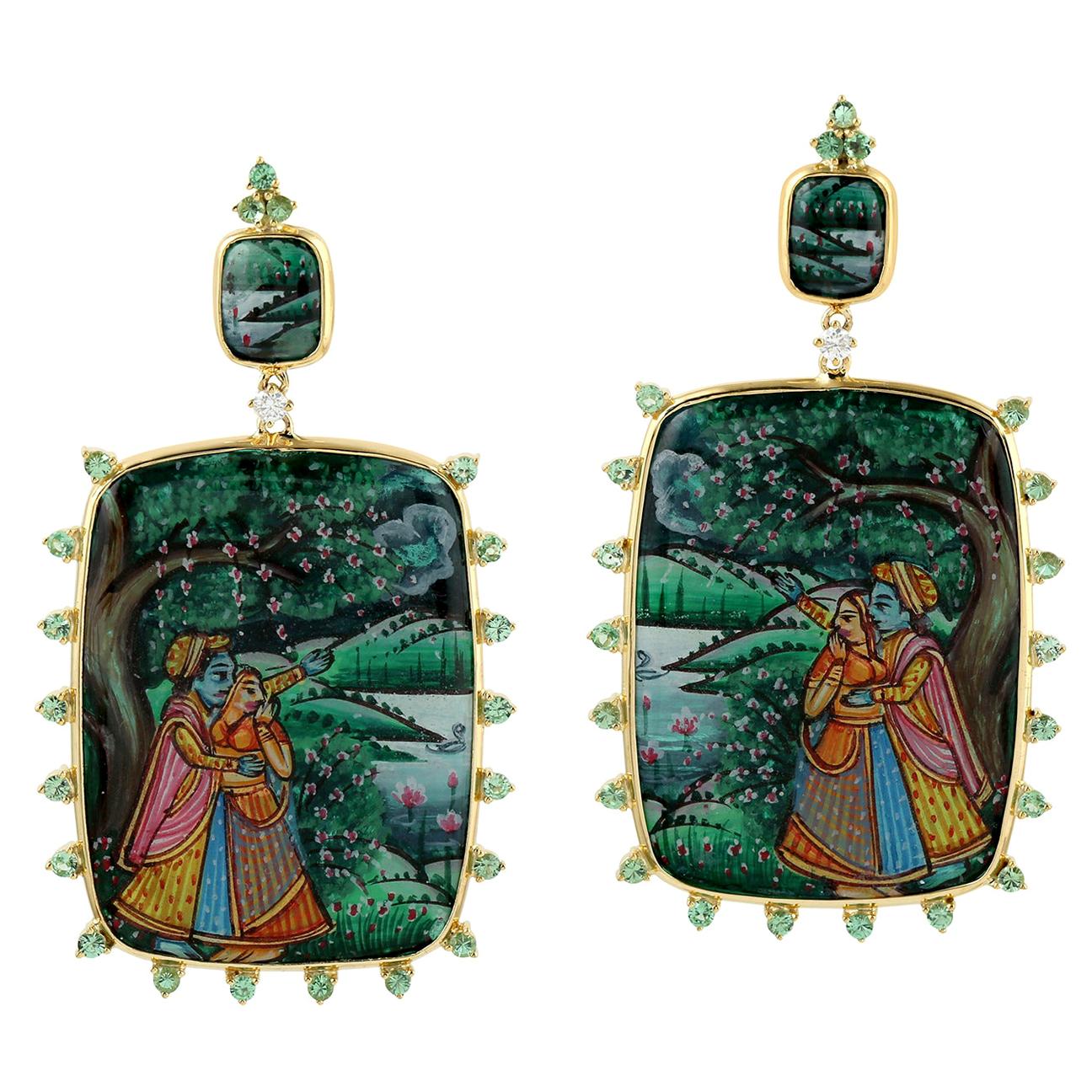 Enamel Hand Painted 18 Karat Gold Diamond Tsavorite Maharaja Earrings