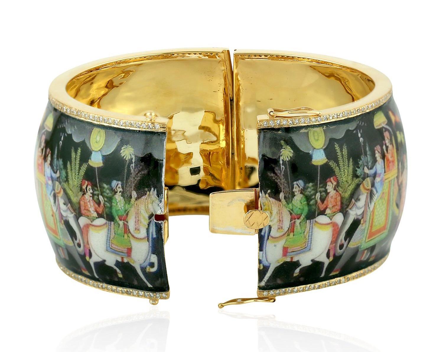 Artisan Bracelet jonc Maharaja en émail et diamants peints à la main en vente